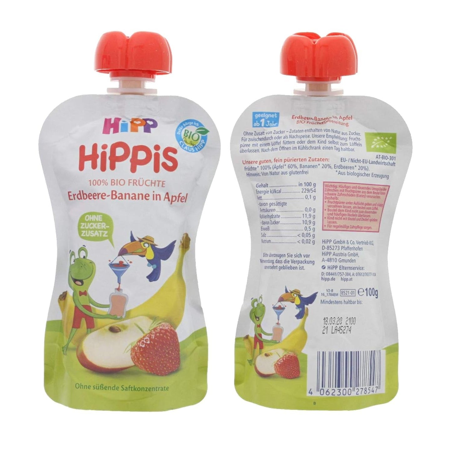 HiPP Orgánico para Niños HiPPiS Fresa Plátano en Manzana - Theo Toucan, 100g