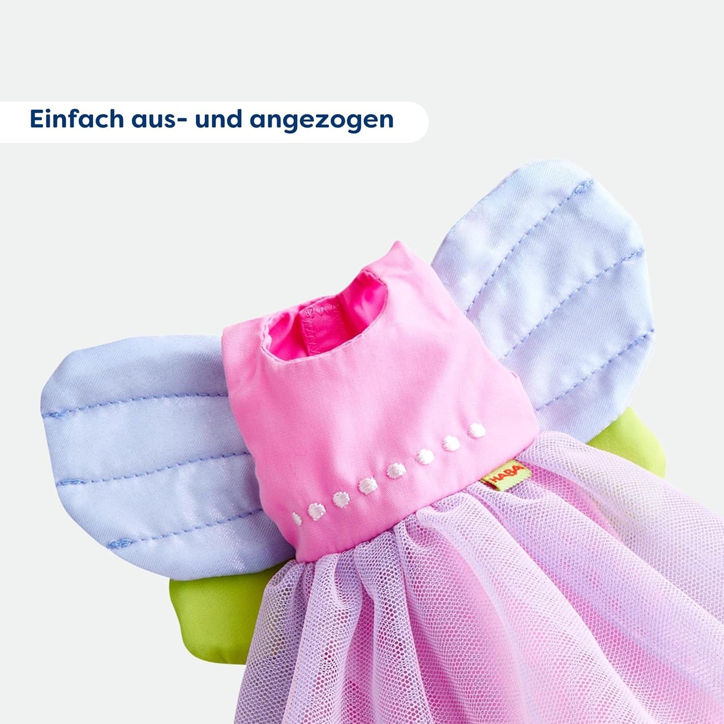 HABA Ropa para muñecas Fairy Magic - Juego de 2 piezas para muñecas de 18 meses en adelante (30 cm) - Vestido de tul con alas, diadema de flores incluida - 1306243001
