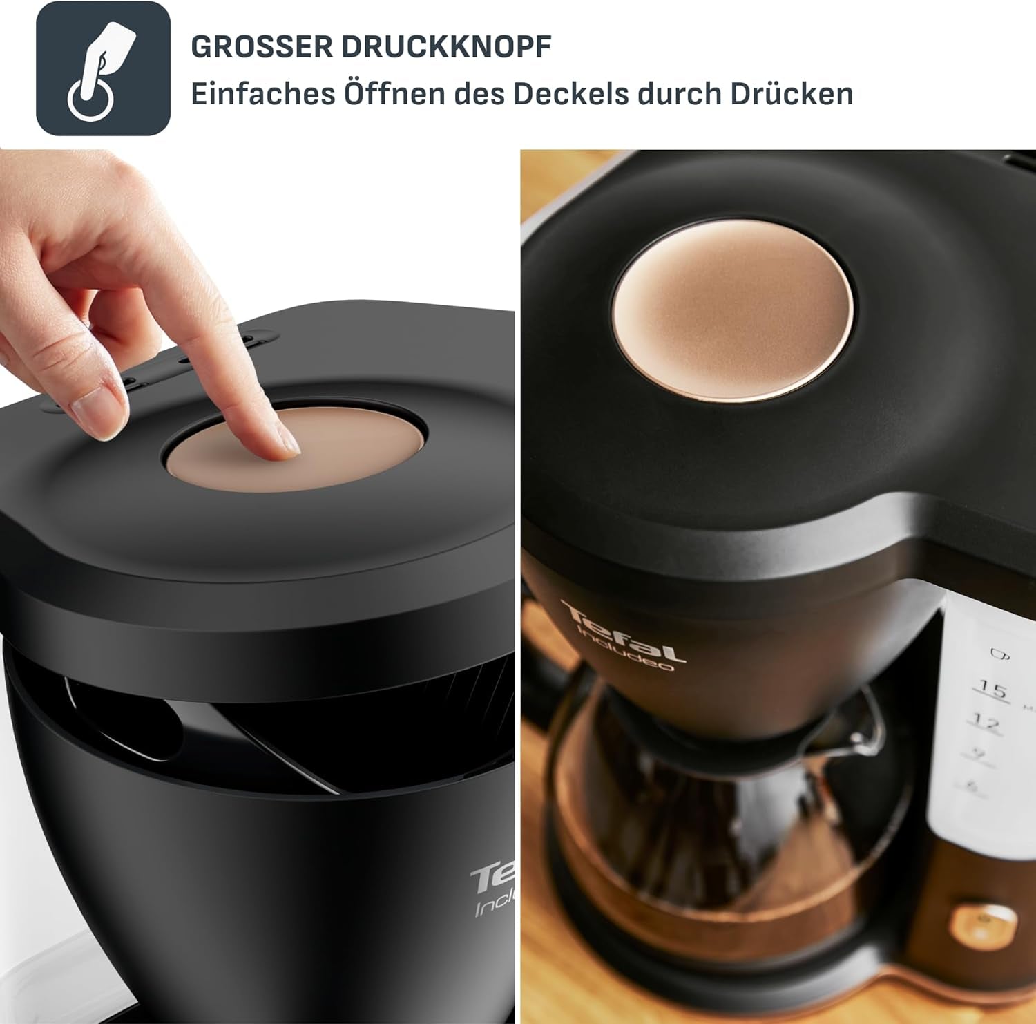 Tefal Cafetera espresso con filtro Includeo, Cafetera espresso extremadamente fácil de usar, Apta para diestros y zurdos, Apertura automática de la tapa, 1,25 L, 10 a 15 tazas, CM533811