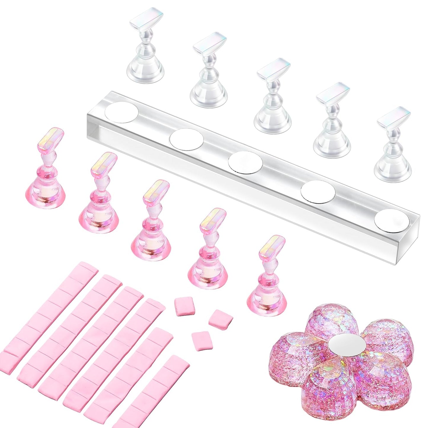 Makartt Soporte para uñas acrílico, soporte magnético para uñas, soporte para uñas, soporte para uñas transparente rosa con 48 masillas adhesivas