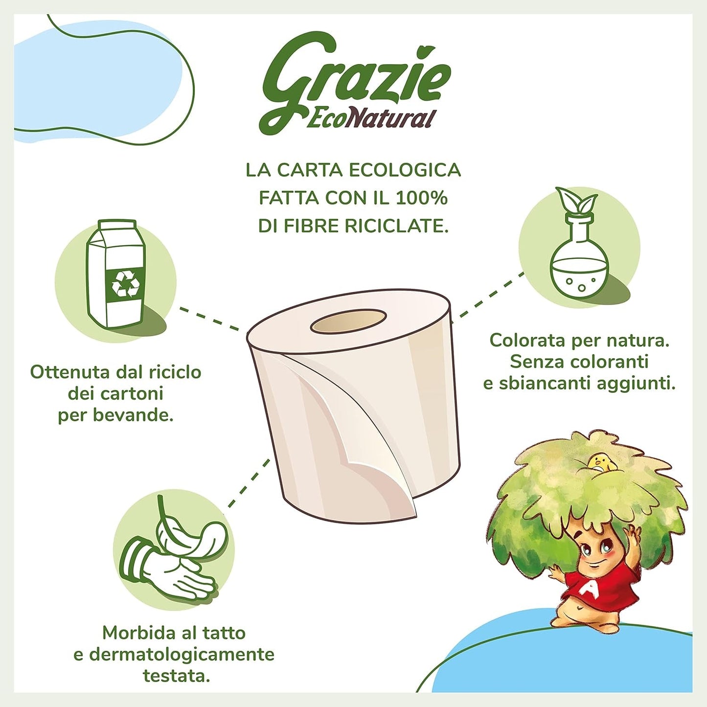 Grazie Natural Papel Higiénico Econatural, 56 Rollos, Papel Higiénico Reciclado Fibrepack, 100% Ecológico, Eco-Friendly, Certificado Ecolabel y FSC Reciclado, Hecho en Italia