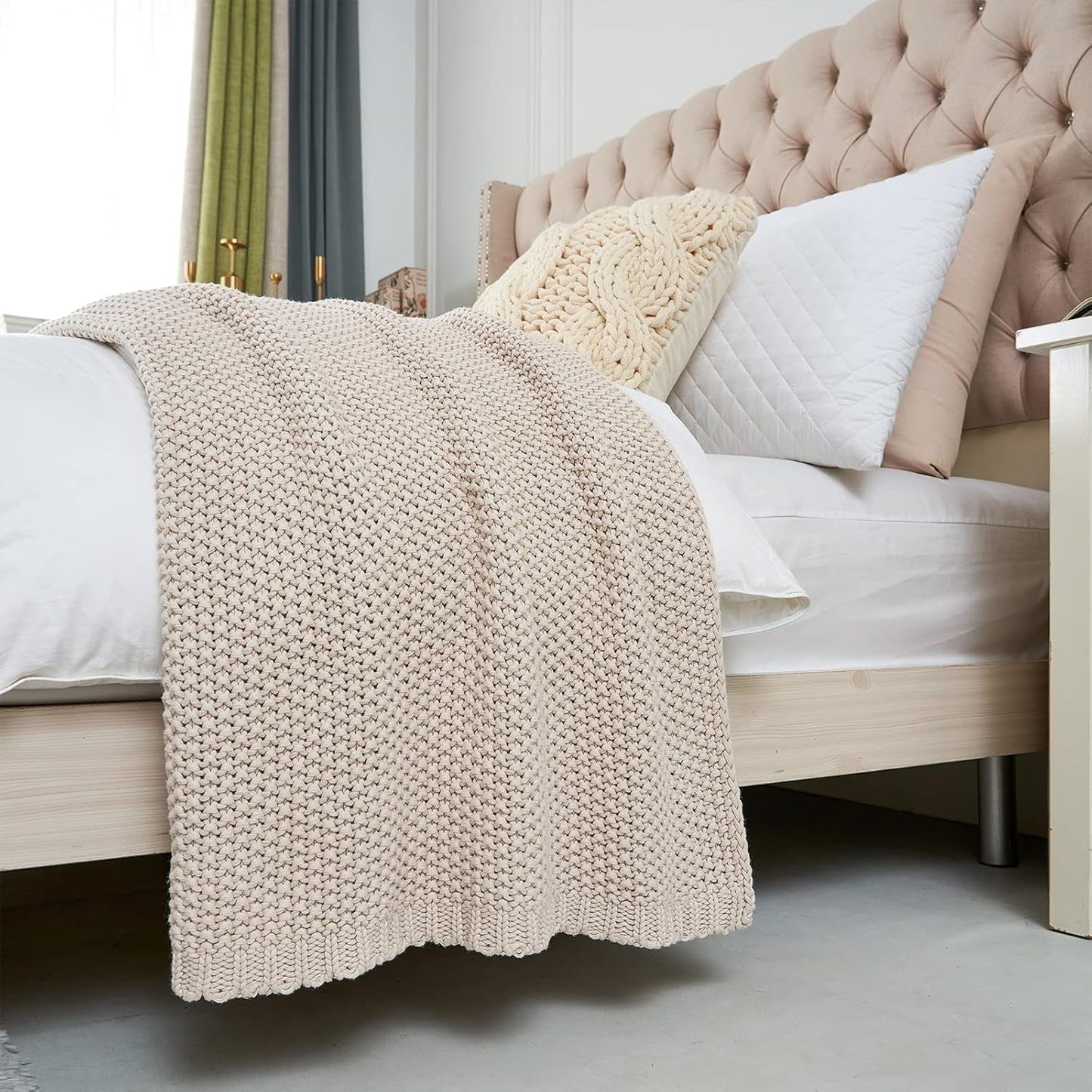 Manta de punto grueso, Ligera, Beige, 100% algodón orgánico, Manta para sofá, sofá, cama, niño, habitación infantil, Rústica, Shabby chic, Casa de campo moderna, 152,4 X 203,2 cm, Incluye bolsa de lavandería Camas y mantas Ropa de cama Longhui