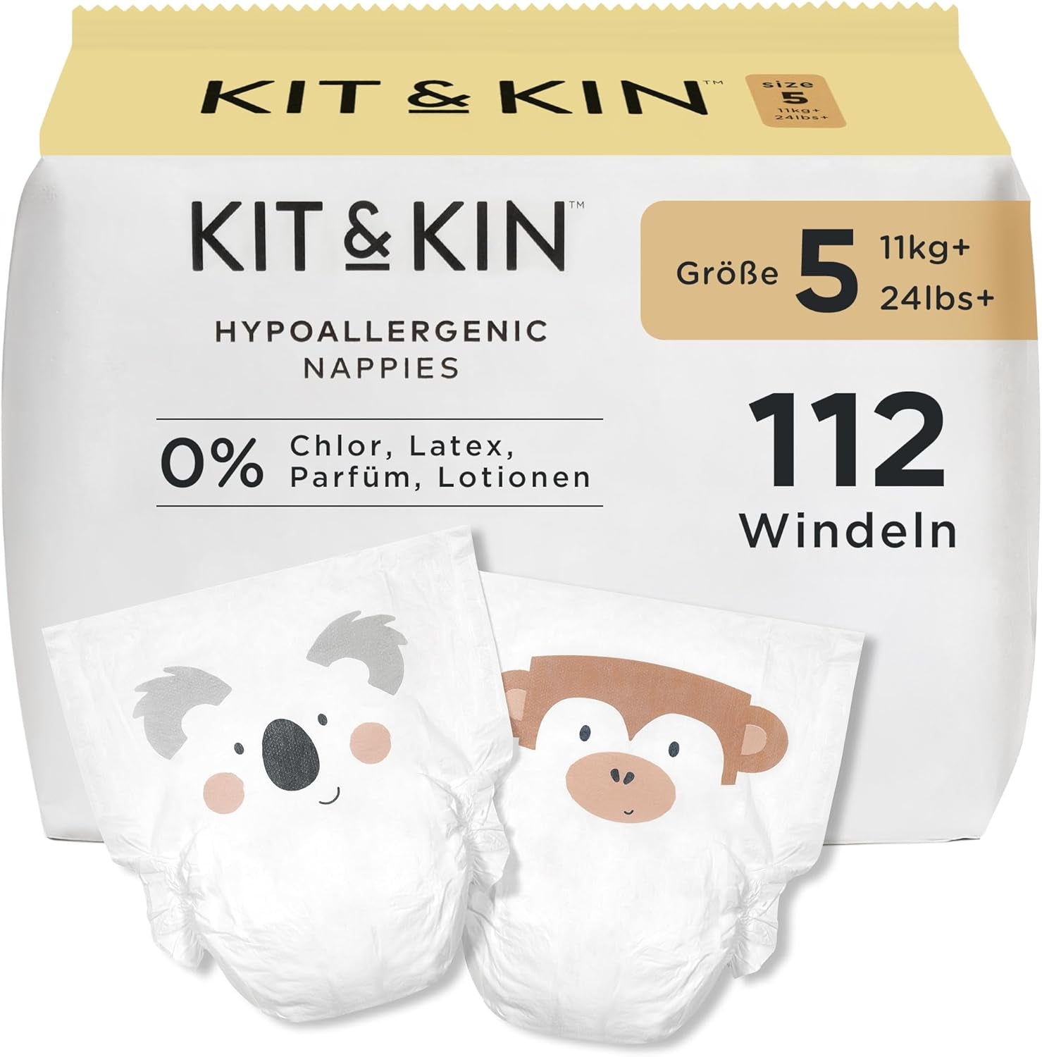 Pañales Kit & Kin Premium, tamaño 4 (9-14 kg), 128 unidades, a base de plantas e hipoalergénicos, protección confiable contra fugas, veganos y libres de crueldad