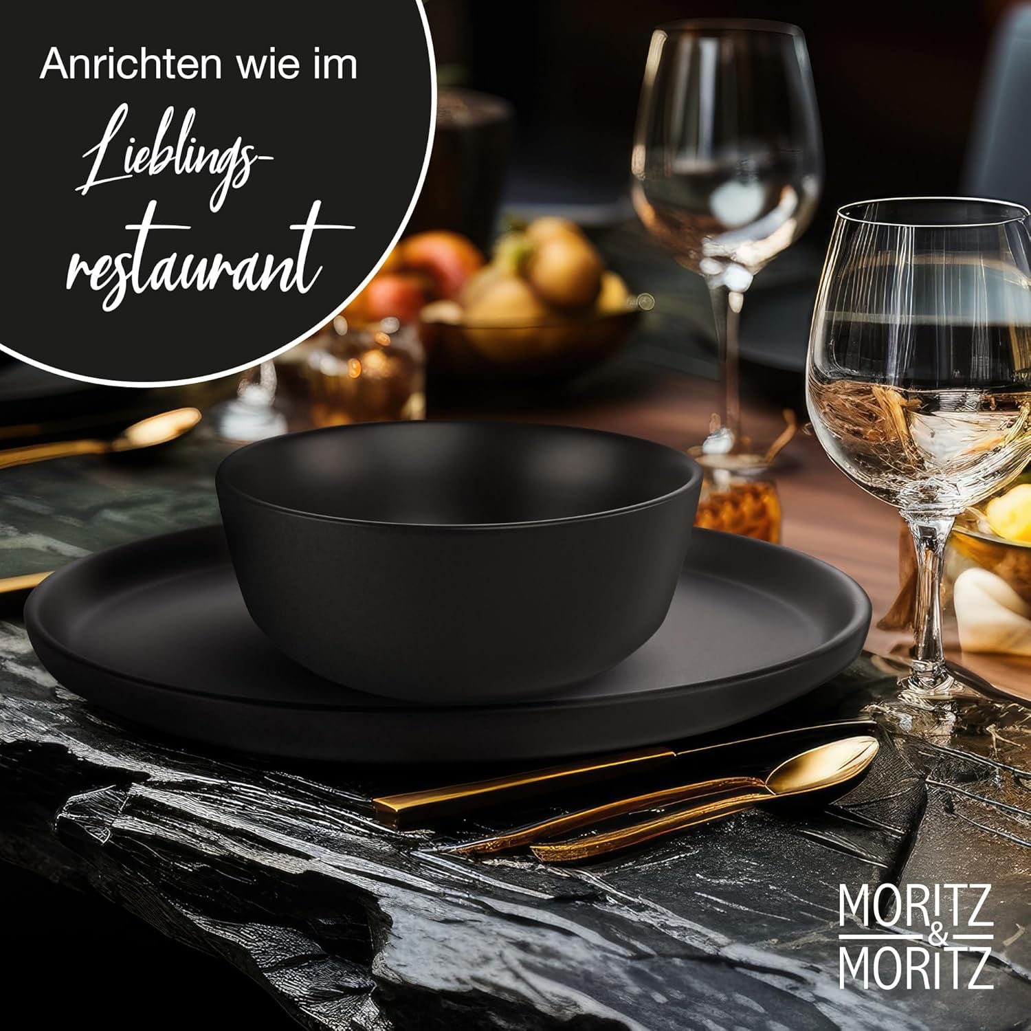 Moritz & Moritz Vajilla NORDIC para 6 personas - Vajilla de gres negro de 18 piezas - Diseño escandinavo - Vajilla robusta para 6 personas para uso diario e invitados - Vajilla combinada