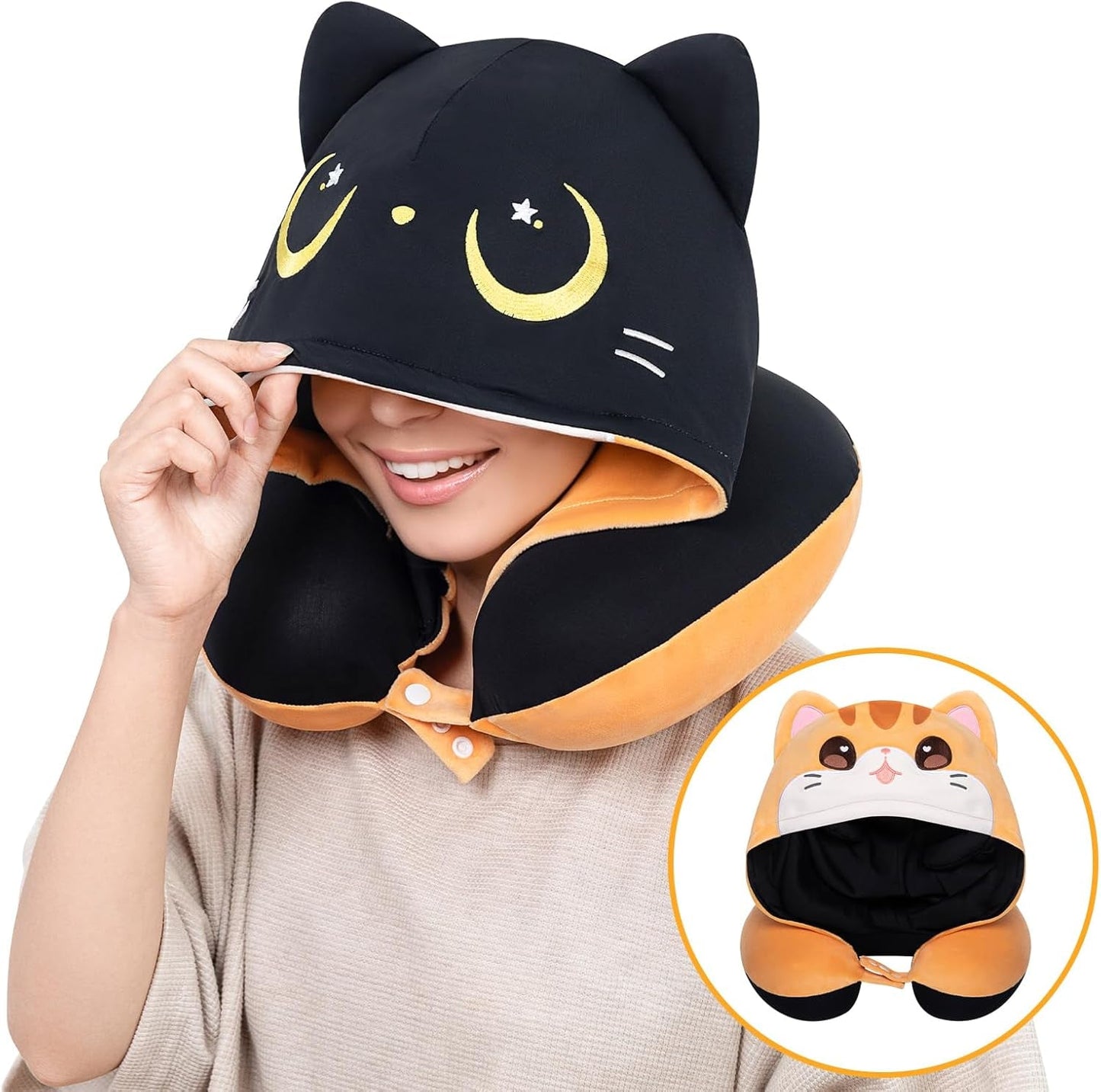Mewaii Almohada de viaje, almohada de doble cara para adultos, almohada de cuello de espuma viscoelástica para avión, almohada de vuelo reversible con capucha para gato, correa ajustable
