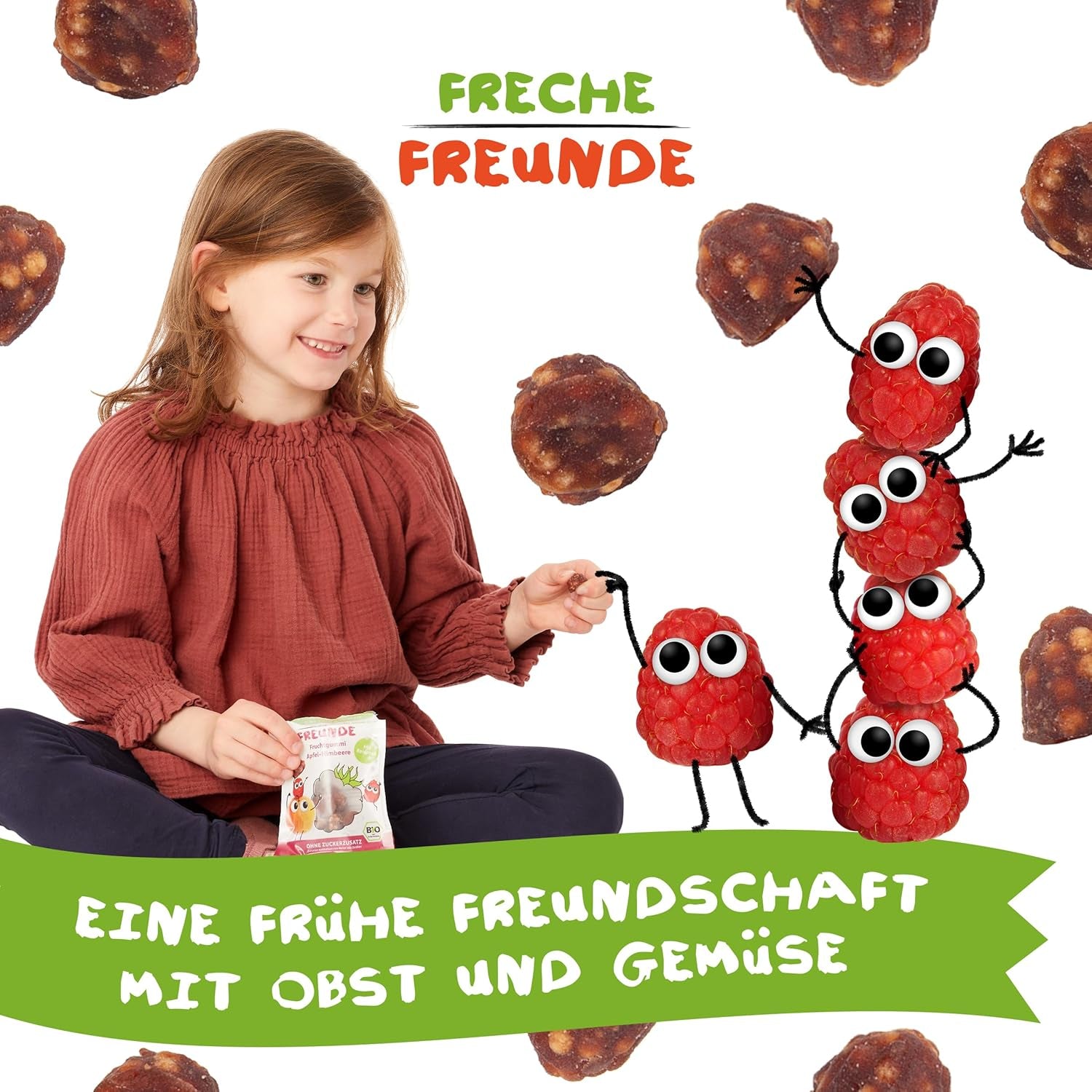 FRECHE FREUNDE Jaleas de frutas orgánicas, piruletas de manzana, frambuesa y arroz, snack dulce afrutado para niños, sin gluten, vegano, paquete de 20 (20 x 30 g)