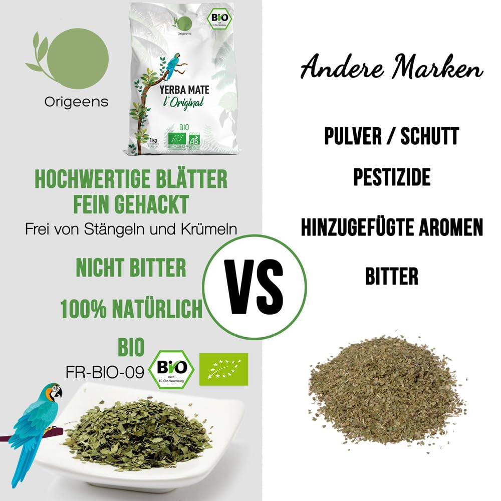 ORIGEENS BIO YERBA MATE TÉ 1 KG - El Original I Sin tostar, hojas, sin tallos, polvo ni migas I Bebida energizante y desintoxicante