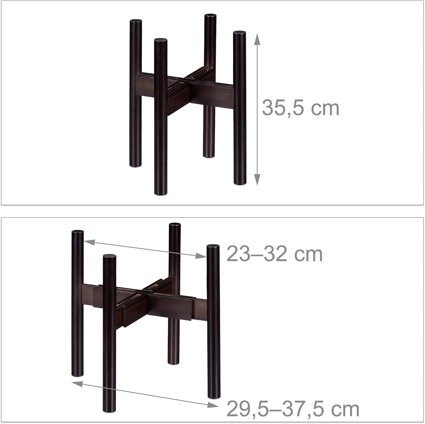 Relaxdays Soporte para flores de bambú, ajustable individualmente, para macetas de hasta 32 cm, soporte para plantas, A: 35,5 cm, marrón, 1 unidad 10028823