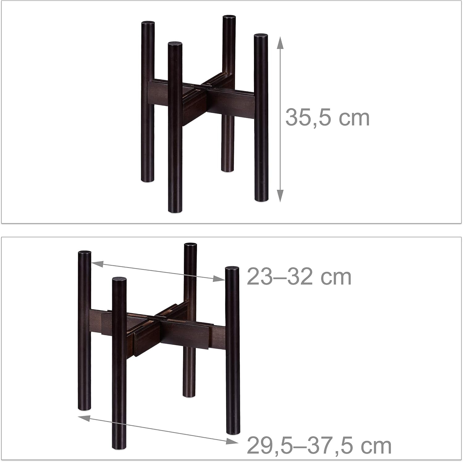 Relaxdays Soporte para flores de bambú, ajustable individualmente, para macetas de hasta 32 cm, soporte para plantas, A: 35,5 cm, marrón, 1 unidad 10028823