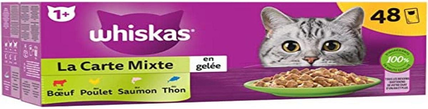 WHISKAS Meal - 48 sobres Fresh - Caja mixta (4 variedades) - Comida húmeda para gatos adultos en gelatina - Comida húmeda completa y equilibrada apta para gatos esterilizados