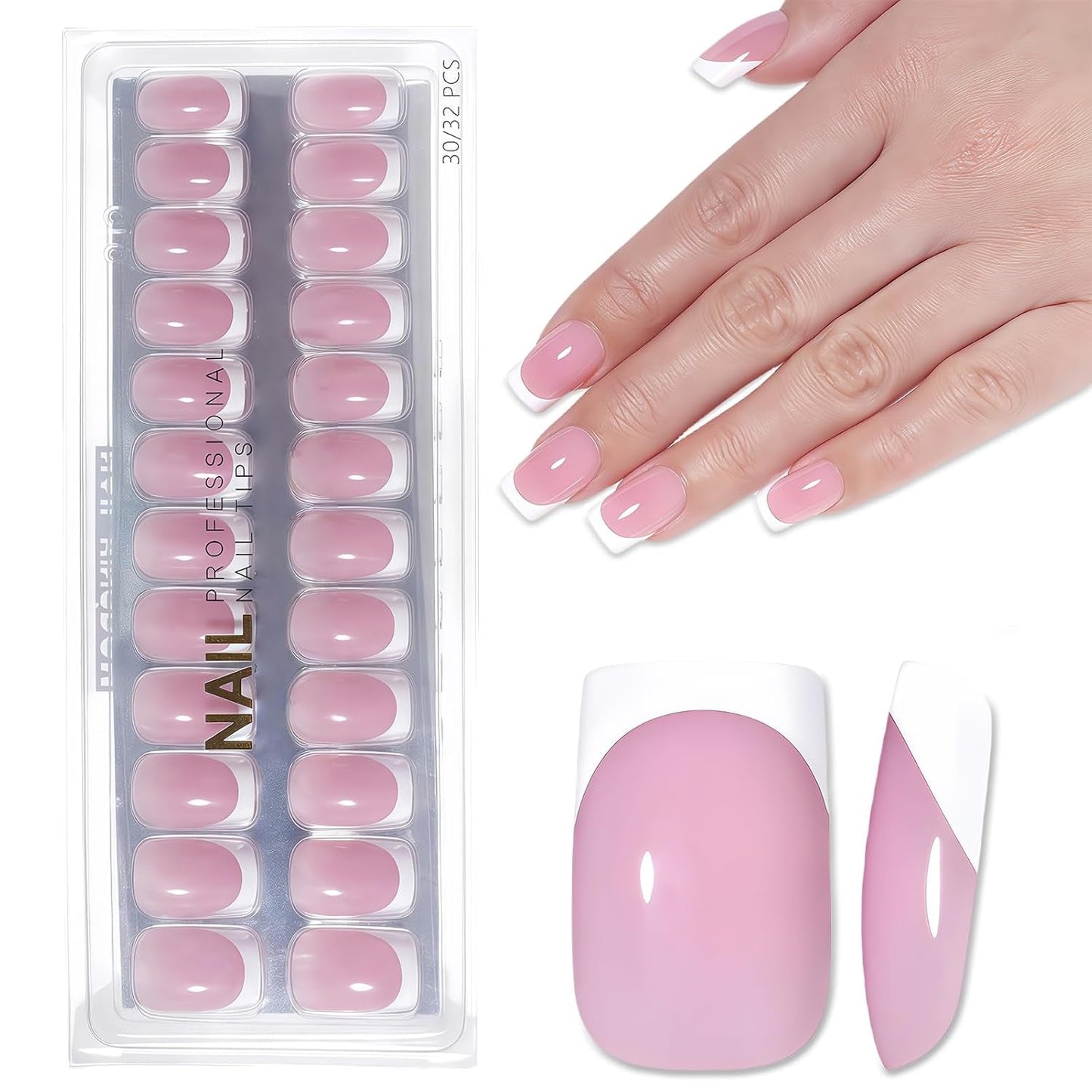 Uñas Francesas Autoadhesivas Rosa Claro - 32 Piezas Pegamento en Uñas Francesas - Uñas Postizas Cortas Cuadradas - Pegamento Transpirable en Uñas Artificiales - Uñas Postizas de Cobertura Completa para Mujer (Rosa Claro)