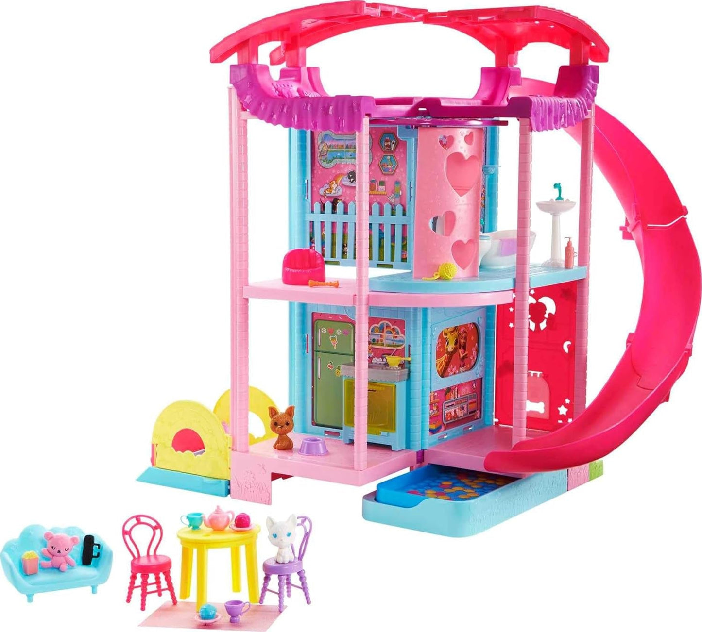 Casa de juegos Barbie Chelsea: 3 pisos transformadores, áreas de juego secretas, ascensor, piscina, tobogán, 2 mascotas y más de 20 accesorios, para mayores de 3 años, HHX44