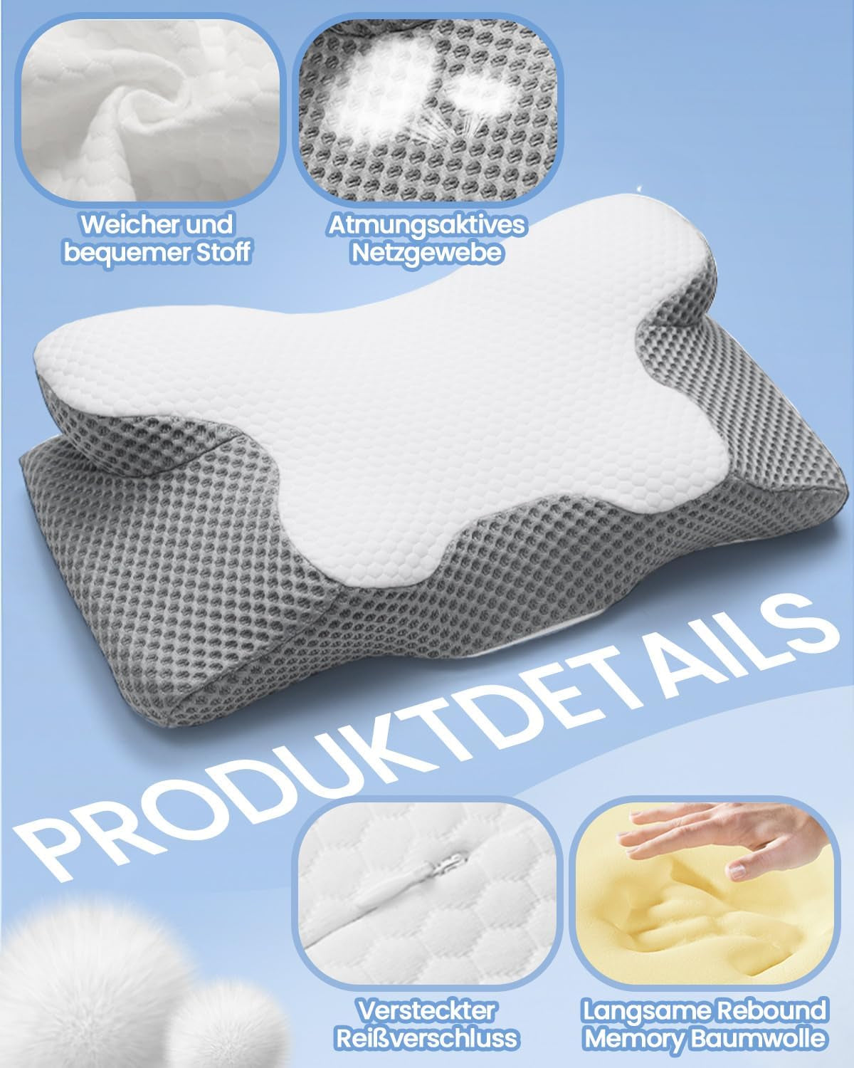 Almohada para el cuello 2 en 1 Almohada Almohada de espuma viscoelástica Almohada ortopédica ergonómica 2 Altura para dormir Almohada de soporte para el cuello para soporte lateral/espalda/barriga Almohadas ortopédicas cervicales Naty Shop