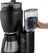 Melitta AromaFresh Therm Pro X - Cafetera espresso con filtro, molinillo integrado, depósito de agua extraíble, jarra térmica de acero inoxidable y función de temporizador, para hasta 8 tazas de café, negro/plateado
