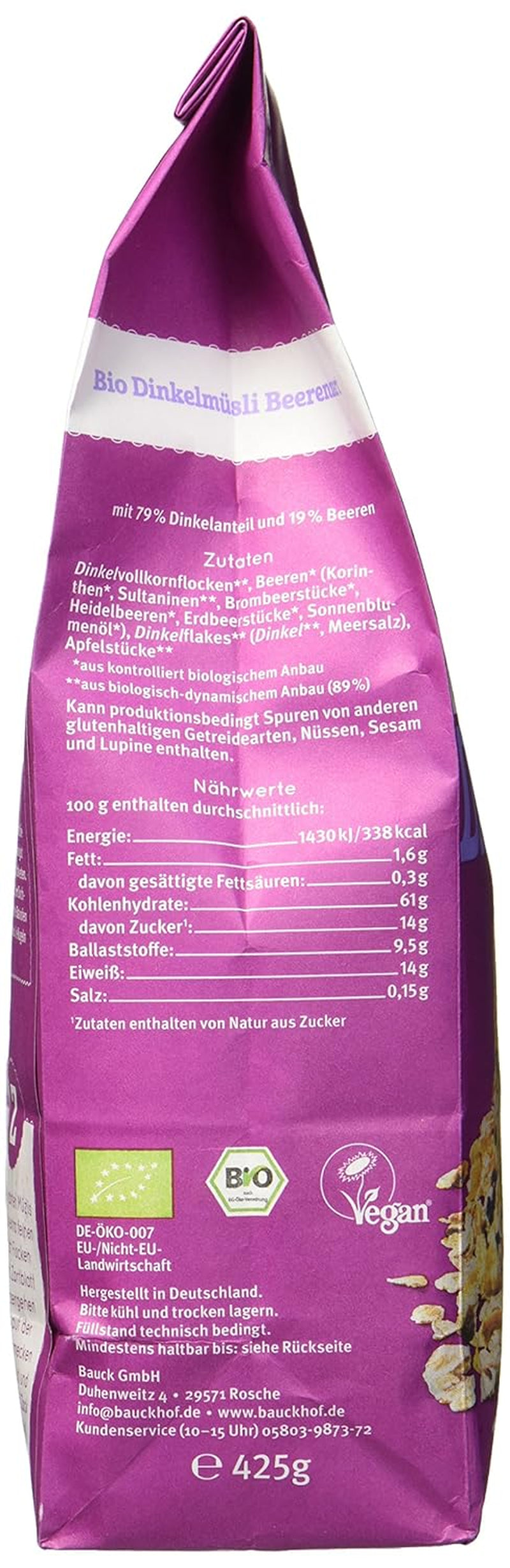 Muesli con sabor a bayas de espelta Hof, sin azúcar, 425 g