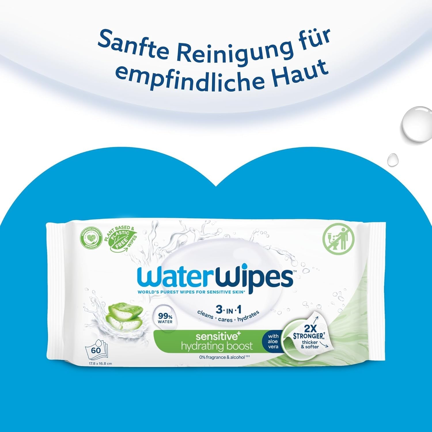 Toallitas húmedas WaterWipes Sensitive+ Hydrating Boost, toallitas hidratantes, 720 unidades (paquete de 12), 3 en 1 limpieza, cuidado, hidratación, 99% agua de aloe vera, toallitas para bebés sin perfume