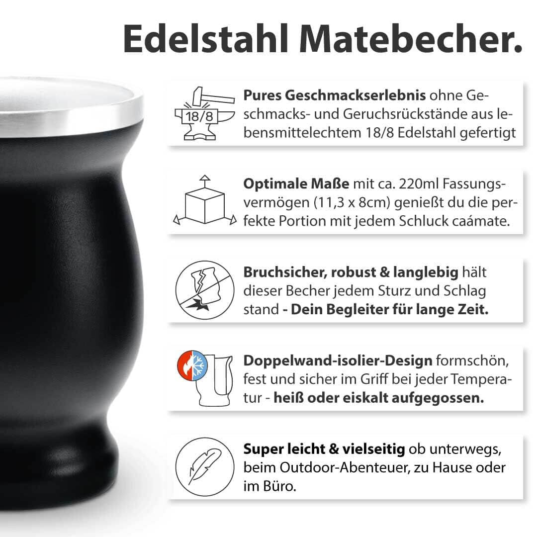 Juego de Té Mate Bio ● 3 Surtidos de Mate + Taza de Mate de Acero Inoxidable de Doble Pared + Bombilla + Instrucciones de Preparación (Negro)