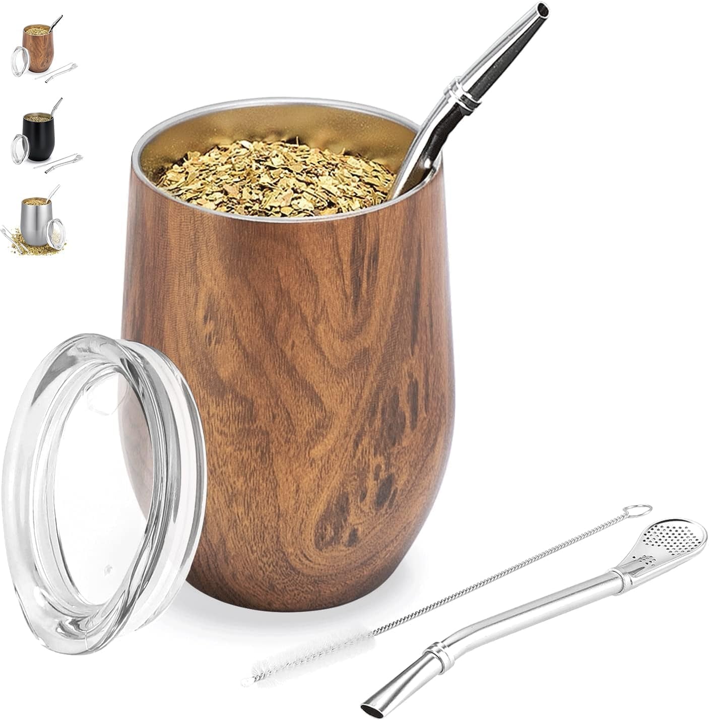 Taza Mate Moderna 340ml, Juego de Tazas de Yerba Mate de Acero Inoxidable con Doble Pared Aislante, Taza de Té Mate con Tapa Libre de BPA, Bombillas y Cepillo de Limpieza (Plata)