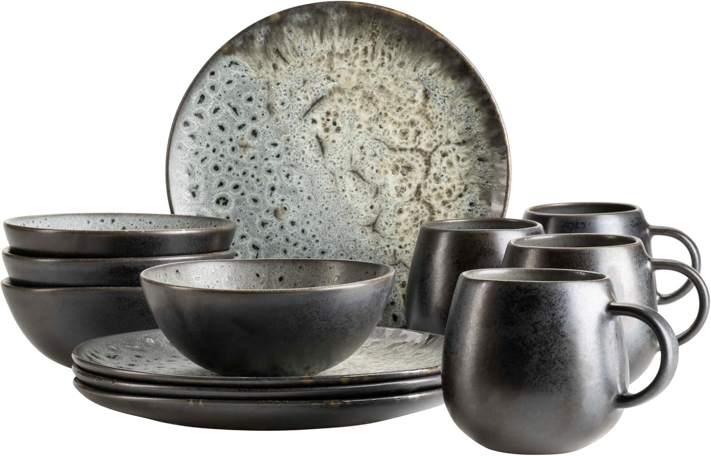 MÄSER Carellia Juego de desayuno de 12 piezas - cerámica de Portugal - esmalte reactivo - 4 platos de postre de 23 cm, 4 tazones de 15 cm, 4 tazas de café de 430 ml - apto para lavavajillas y microondas, gris