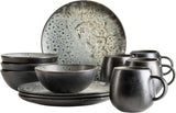 MÄSER Carellia Juego de desayuno de 12 piezas - cerámica de Portugal - esmalte reactivo - 4 platos de postre de 23 cm, 4 tazones de 15 cm, 4 tazas de café de 430 ml - apto para lavavajillas y microondas, gris