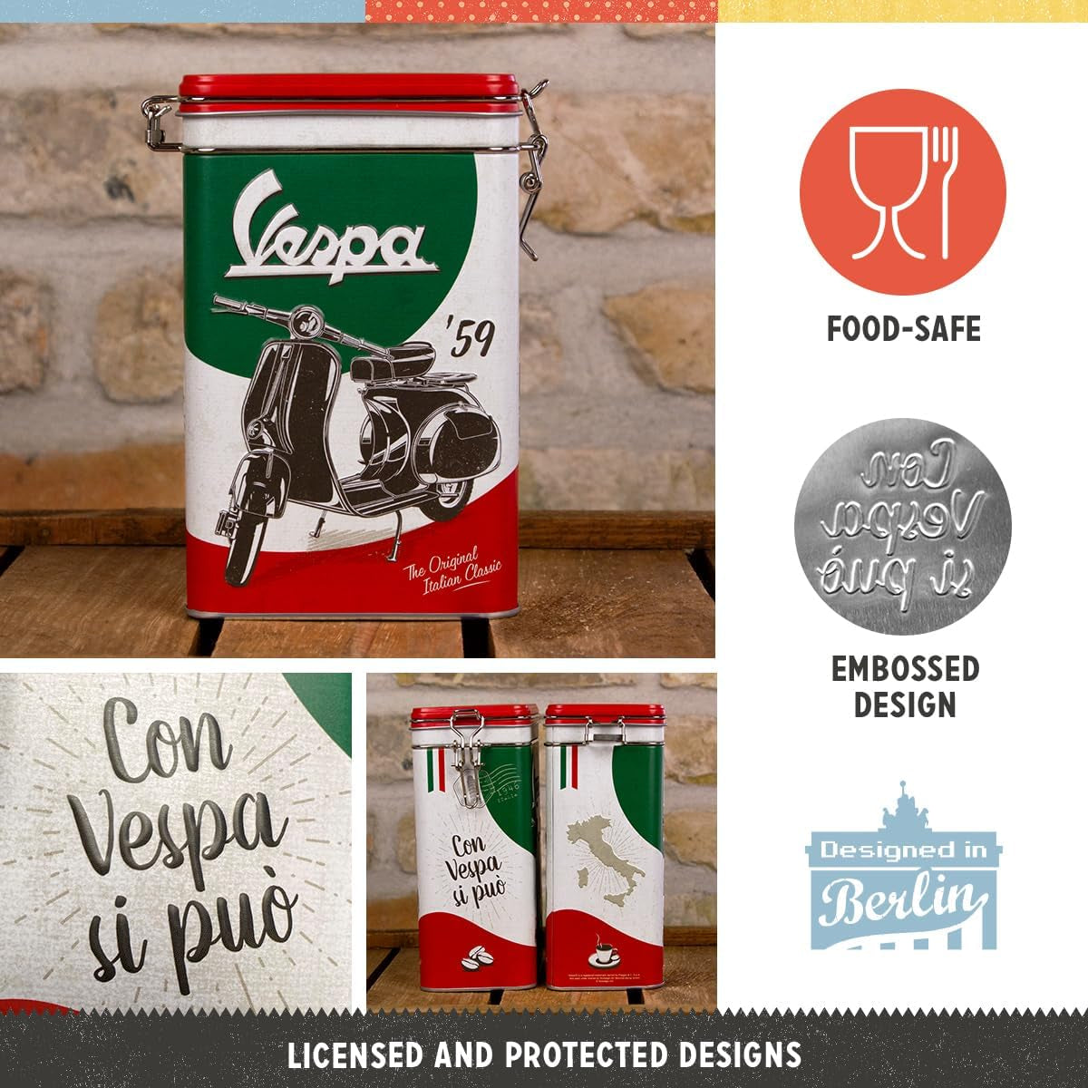 Nostalgic-Art Caja de Café Retro, 1,3 L, Vespa - Clásico Italiano - Idea de Regalo para Fanáticos de las Scooters, Producto con Licencia Original (OLP), Decoración de Taller de Diseño Vintage, Decoración de Taller de Diseño Vintage Cajas para Conservar Alimentos Naty Shop