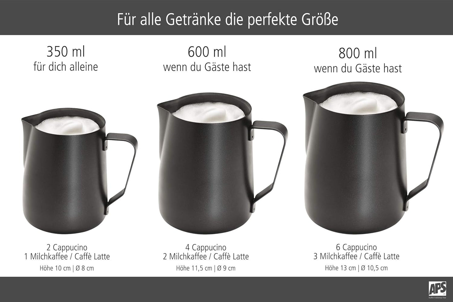APS Jarra de leche - Jarra de leche de alta calidad con revestimiento antiadherente, de acero inoxidable - Perfecta para espumar leche - Jarra universal, negra, 600 ml