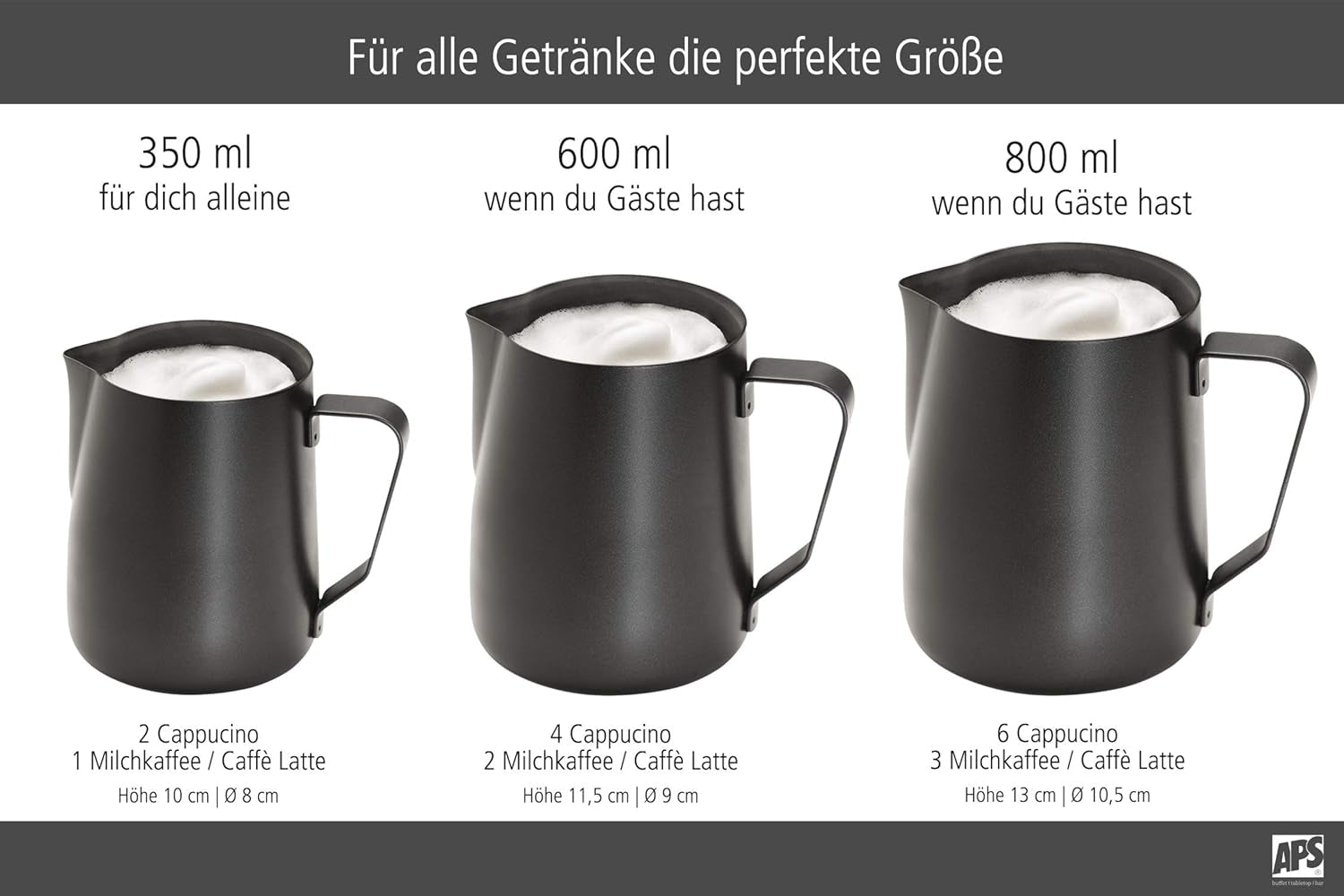 APS Jarra de leche - Jarra de leche de alta calidad con revestimiento antiadherente, de acero inoxidable - Perfecta para espumar leche - Jarra universal, negra, 600 ml