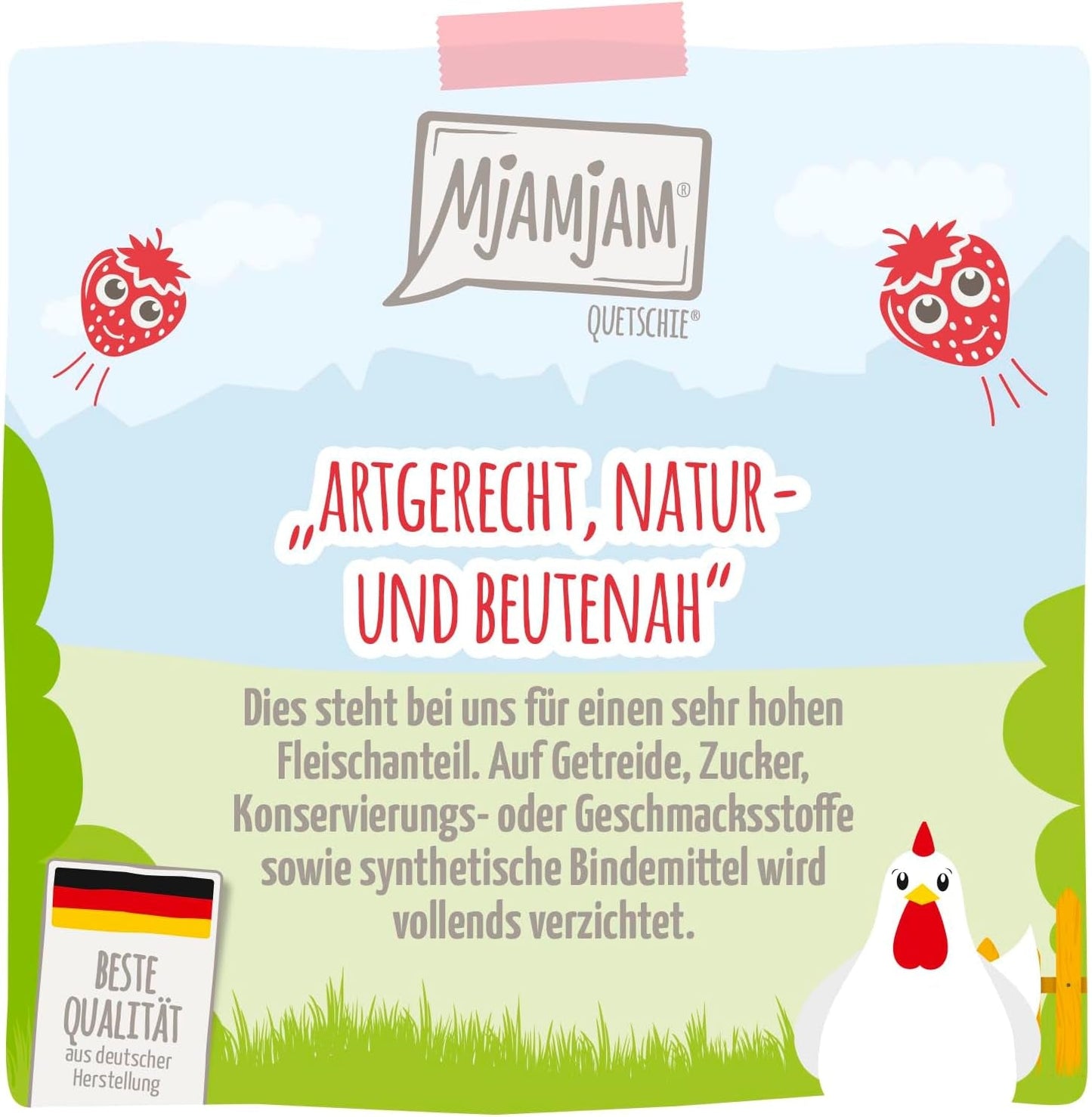 MjAMjAM - Comida húmeda premium para gatos - pollo delicado con fresas afrutadas 400 g, paquete de 6 (6 x 400 g), natural con extra de carne