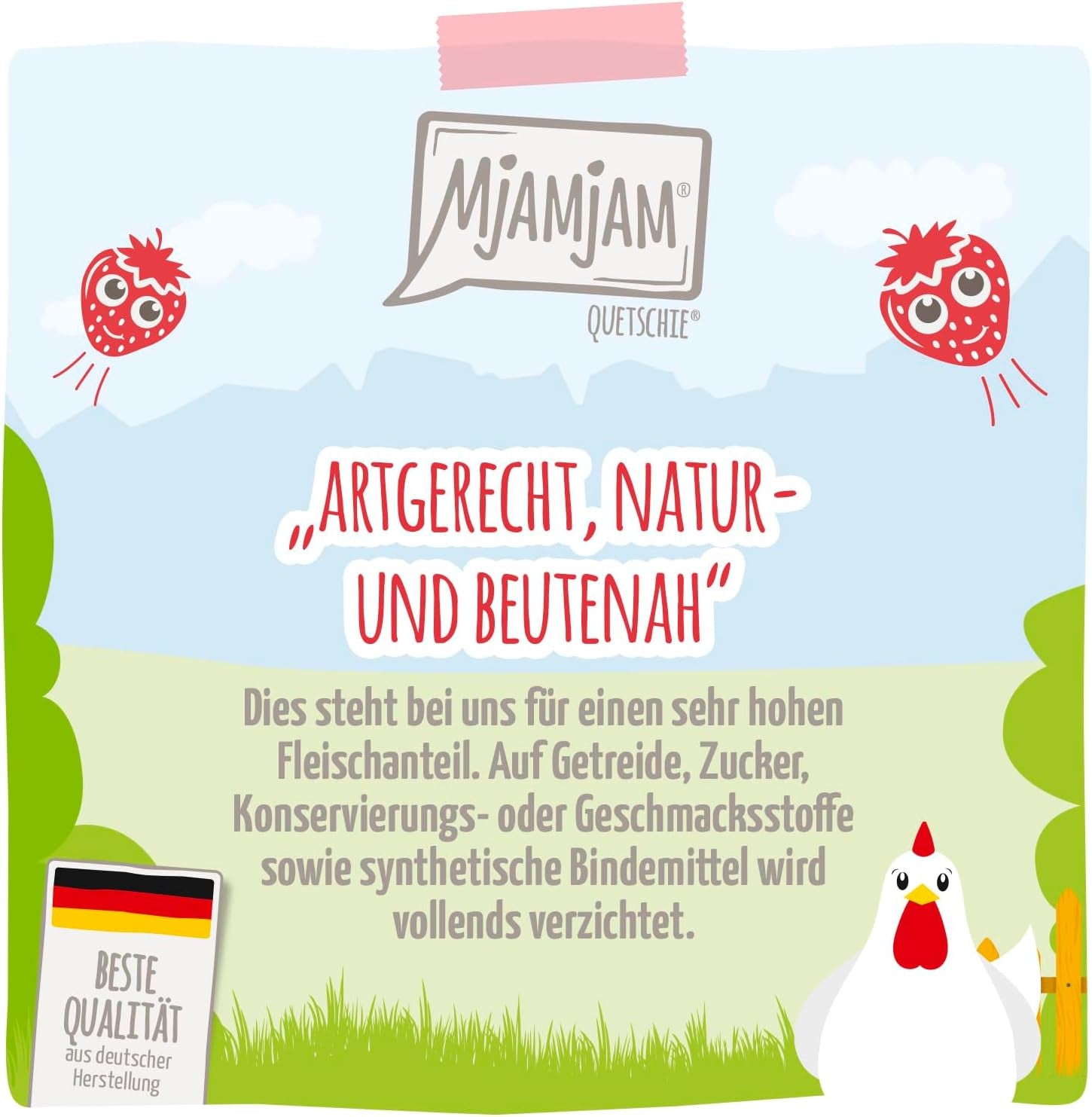 MjAMjAM - Comida húmeda premium para gatos - pollo delicado con fresas afrutadas 400 g, paquete de 6 (6 x 400 g), natural con extra de carne