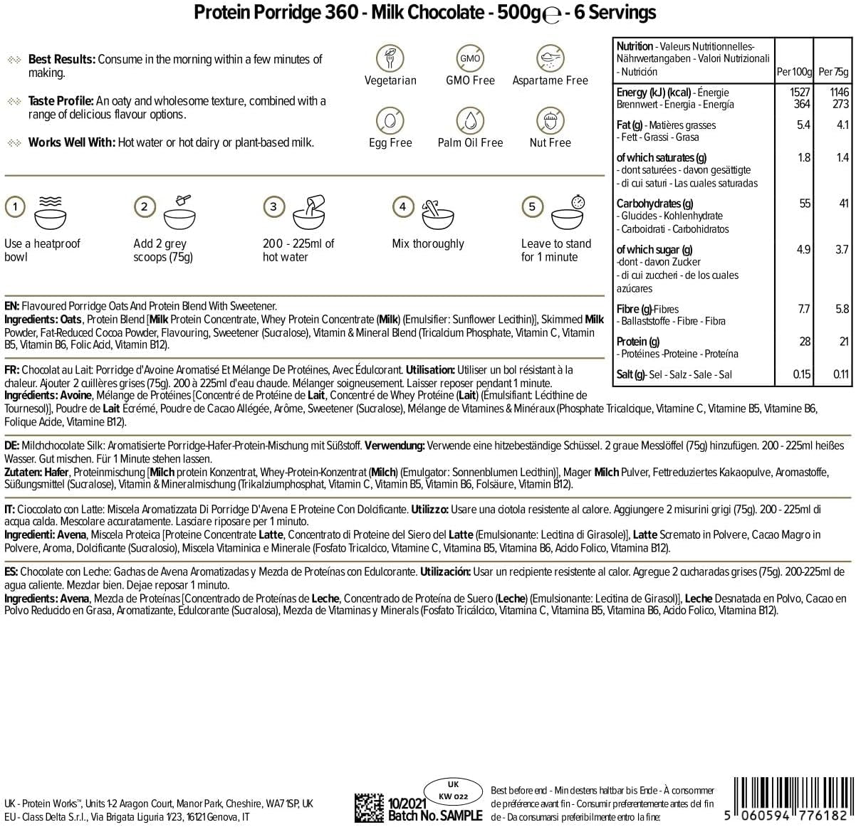Protein Works - Gachas proteicas 360 | Mito Vitaminas y minerales adicionales | Proteinreiches Frühstück | Kalorienarme Haferflocken | 6 porciones | Chocolate con leche 500G Cereales Naty Shop