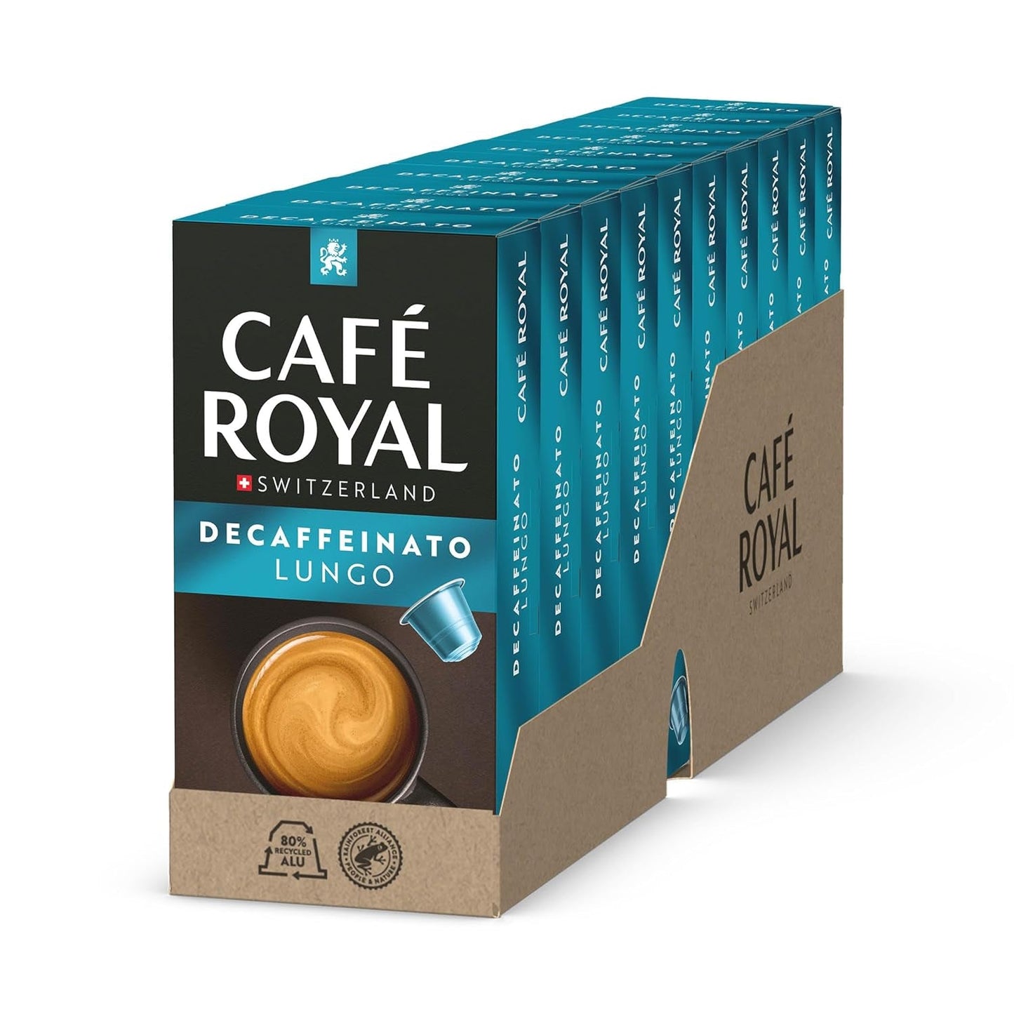 Café Royal Lungo Decaffeinato – Cápsulas de café compatibles con Nespresso®, 100 % Arábica, Intensität 5/12, Rainforest Alliance, descafeinado, 100 cápsulas