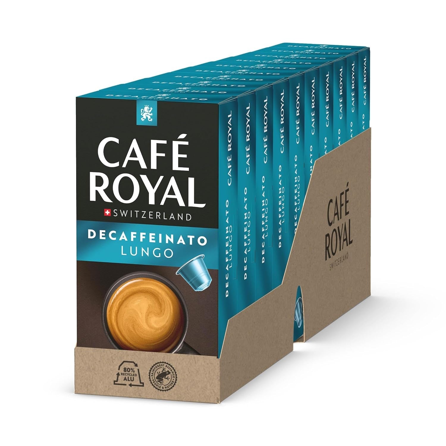 Café Royal Lungo Decaffeinato – Cápsulas de café compatibles con Nespresso®, 100 % Arábica, Intensität 5/12, Rainforest Alliance, descafeinado, 100 cápsulas