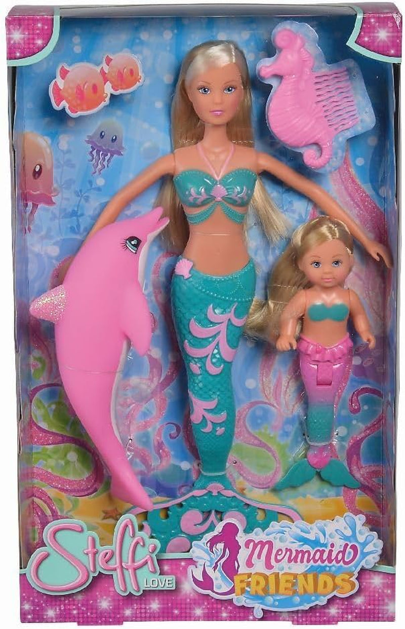 Simba 105733336 - Steffi Love Mermaid Friends, muñeca mágica de sirena con hermana Evi, figura de delfín y más, juguete para niños a partir de 3 años