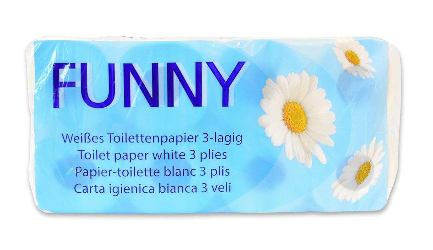 Papel higiénico Funny AG-014, 3 capas, 250 hojas, 9,5 cm x 11 cm, blanco, paquete individual de 8 rollos
