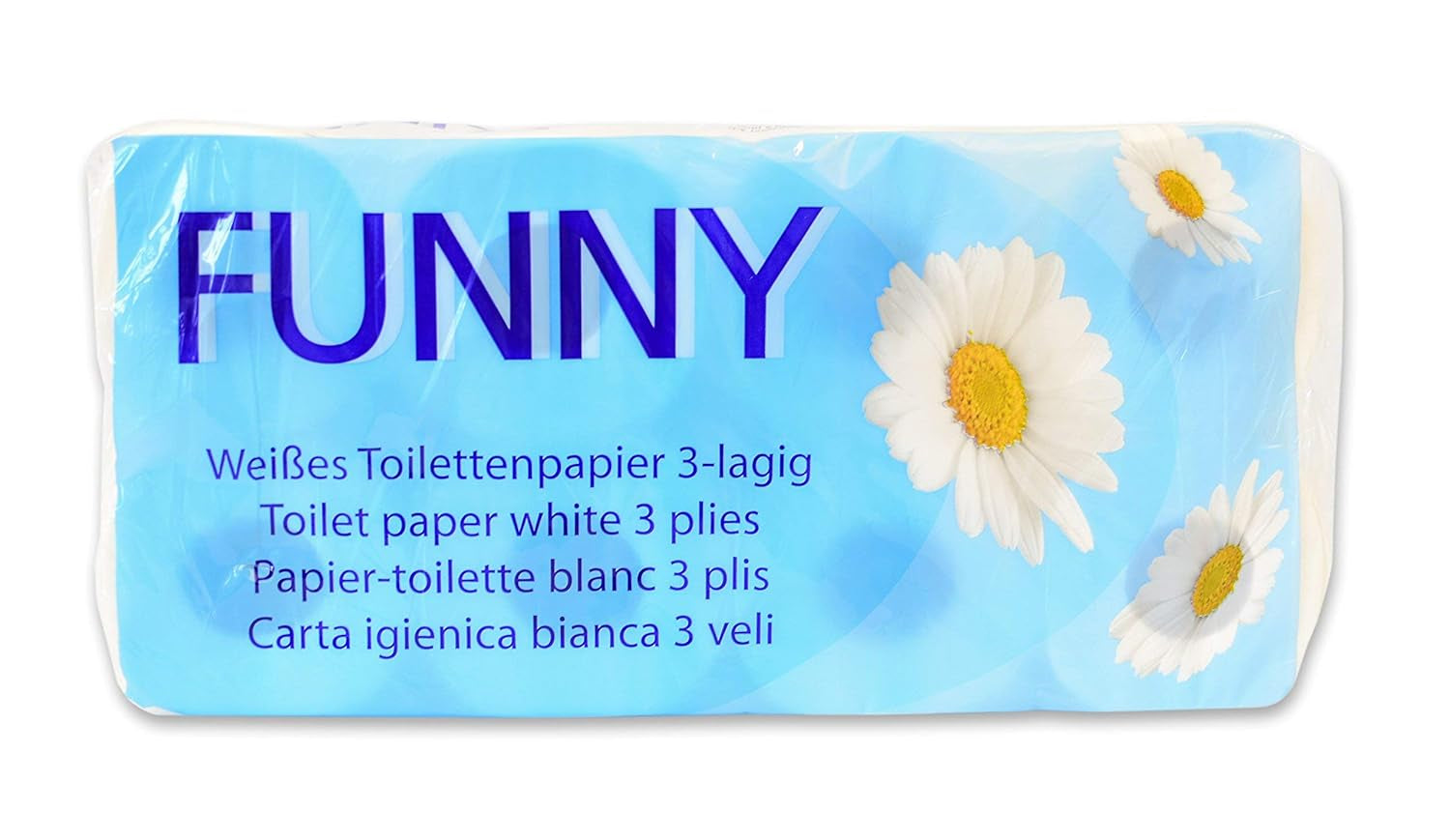 Papel higiénico Funny AG-014, 3 capas, 250 hojas, 9,5 cm x 11 cm, blanco, paquete individual de 8 rollos