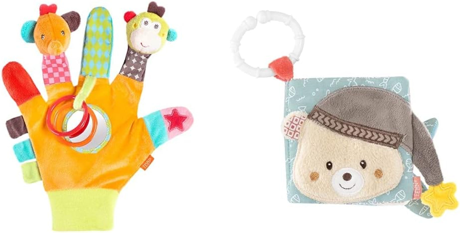 Fehn juego safari con guantes - marionetas de dedo juguete para bebé mono y elefante para agarrar y hacer ruidos y libro ilustrado tierno Bruno - libro táctil para niños con motivos de animales Bebe Toys Naty Shop Safari