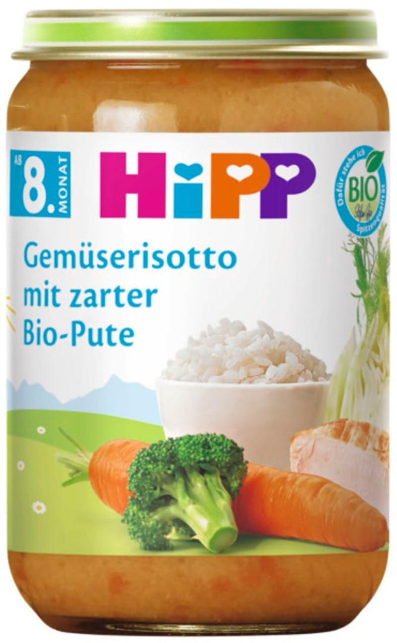 Risotto de verduras HiPP con pavo tierno ecológico (6 x 220 g), harina a partir de 8 meses, sin sal añadida, con Omega-3, de la mejor calidad ecológica