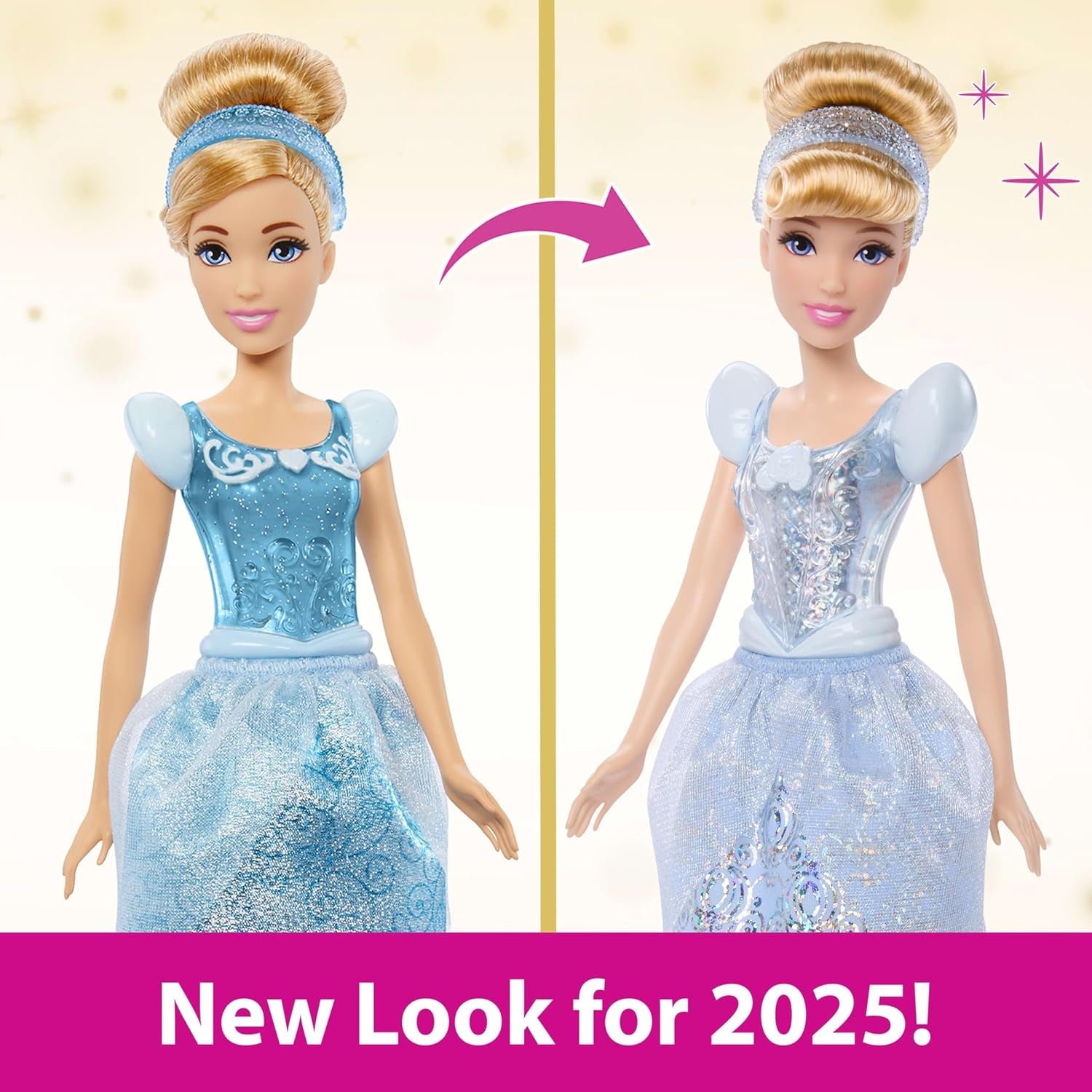 Mattel DISNEY Princess Cenicienta - Muñeca articulada con atuendo brillante, zapatos y tiara desmontables, cabello peinado para divertirse, para niños a partir de 3 años, HLW06