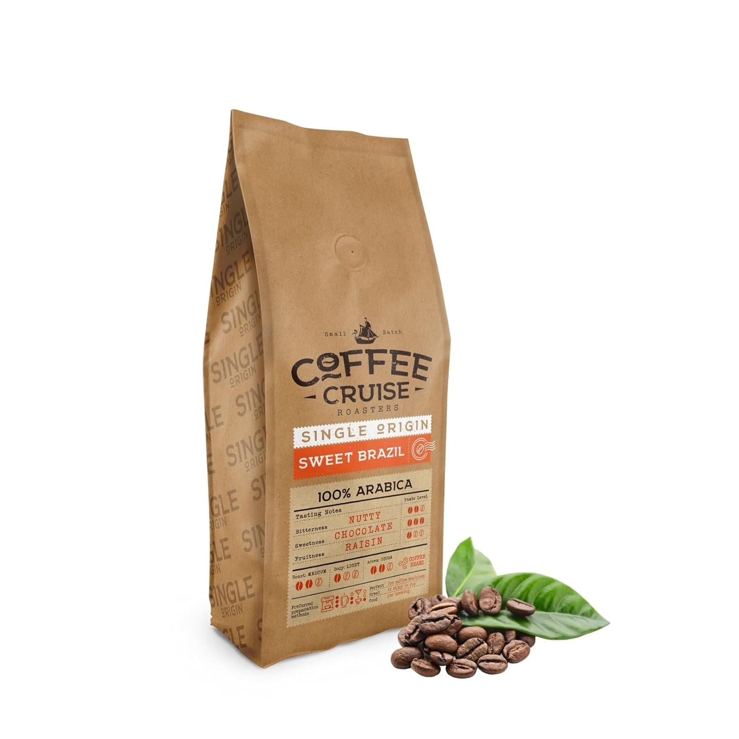 COFFEE CRUISE Sweet Brazil Brasilianische Kaffeebohnen 1kg - Mittlere Röstung - Aroma Kakao und Schokolade - Für All Kaffeemaschinen - 100% árabe