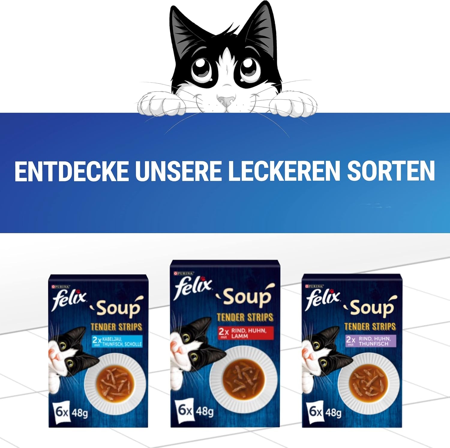 Tiras de sopa Felix, sopa para gatos, variedad mixta, paquete de 8 (8 x 6 sobres de 48 g cada uno)