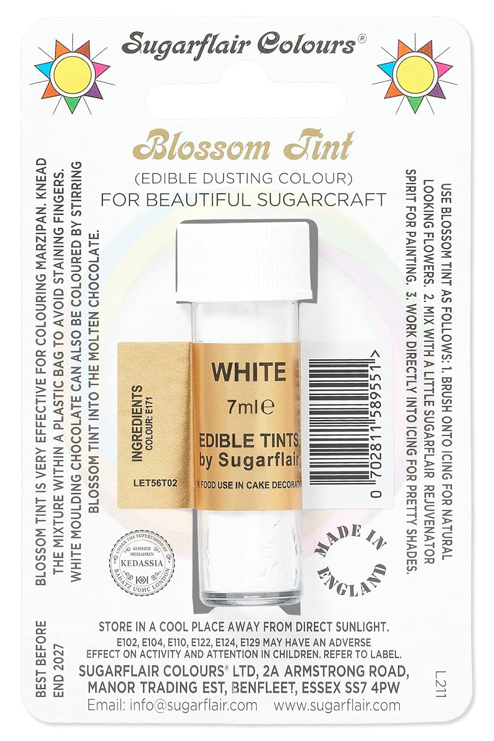 Colorante alimentario en polvo Sugarflair Blossom Tint Dusting, blanco - Colorante alimentario en polvo para decorar pasta de azúcar de colores, fondant, glaseado, chocolate, crema de mantequilla, macarrones - 7 ml