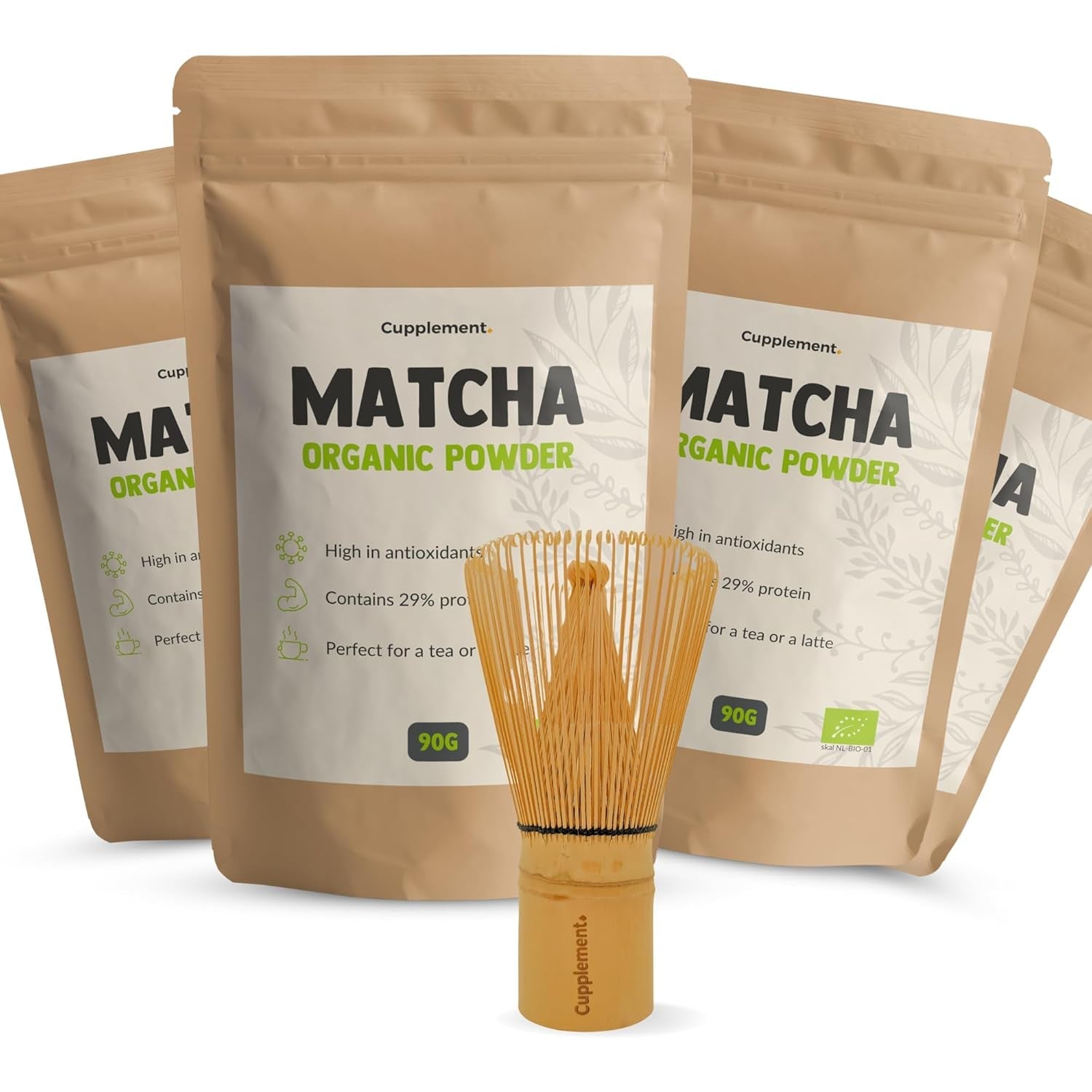Cupplement Matcha 90 gramos orgánico - Té verde en polvo de la más alta calidad - Sin batidor ni alambre de bambú - Culunario - Set para principiantes - Latte - Batidor - Japón - Polvo - Té - Alambre - Bolsa - Batido