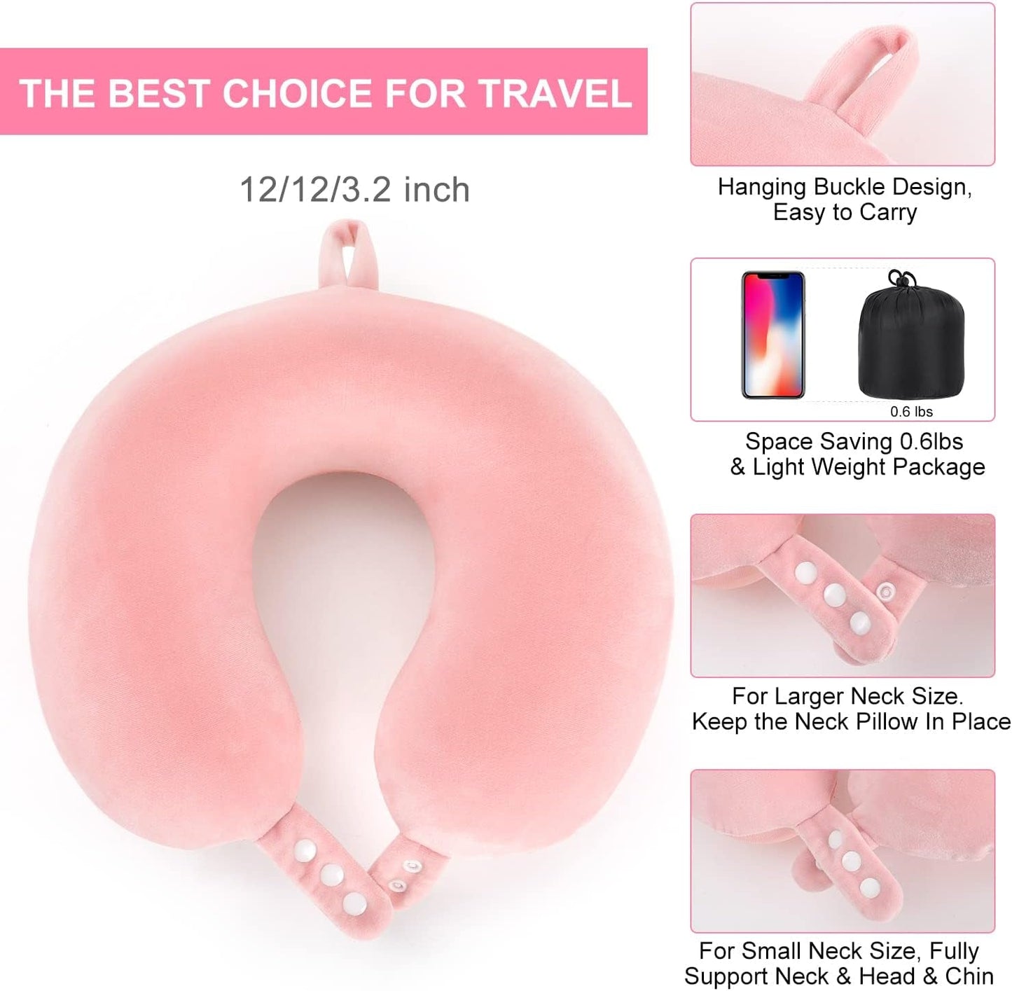 TALLGO Almohada de Viaje para el Cuello, La Mejor Almohada de Avión de Espuma Viscoelástica para Reposacabezas, Almohada Suave y Ajustable para Avión, Coche y Hogar, Almohadas Ortopédicas Cervicales Rosadas Naty Shop