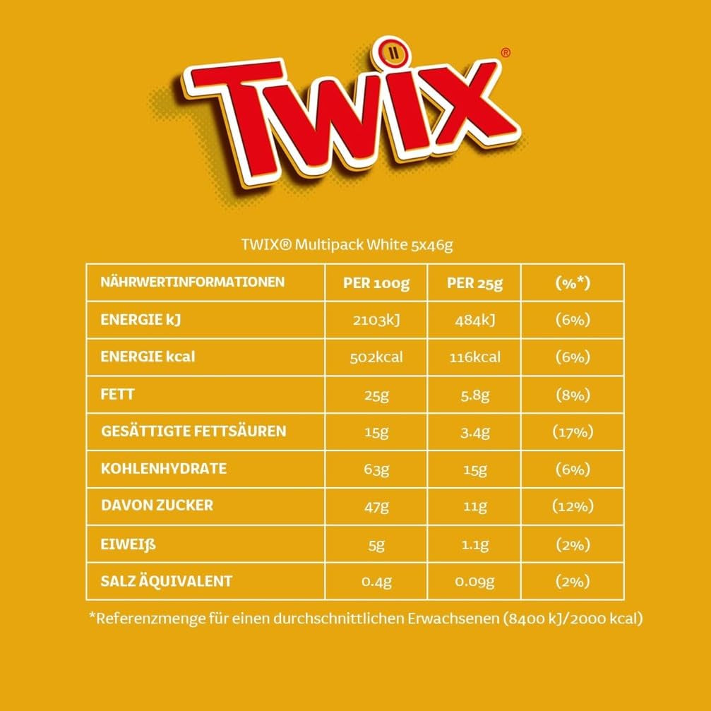Barras de chocolate blanco Twix; caramelo, galletas, chocolate blanco; paquete múltiple de chocolates; 5 barras (5 x 46 g)