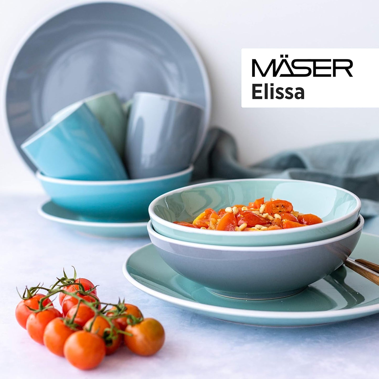 MÄSER 931844 Elissa Series Vajilla moderna para 6 personas, azul con borde blanco, juego combinado de 24 piezas, cerámica