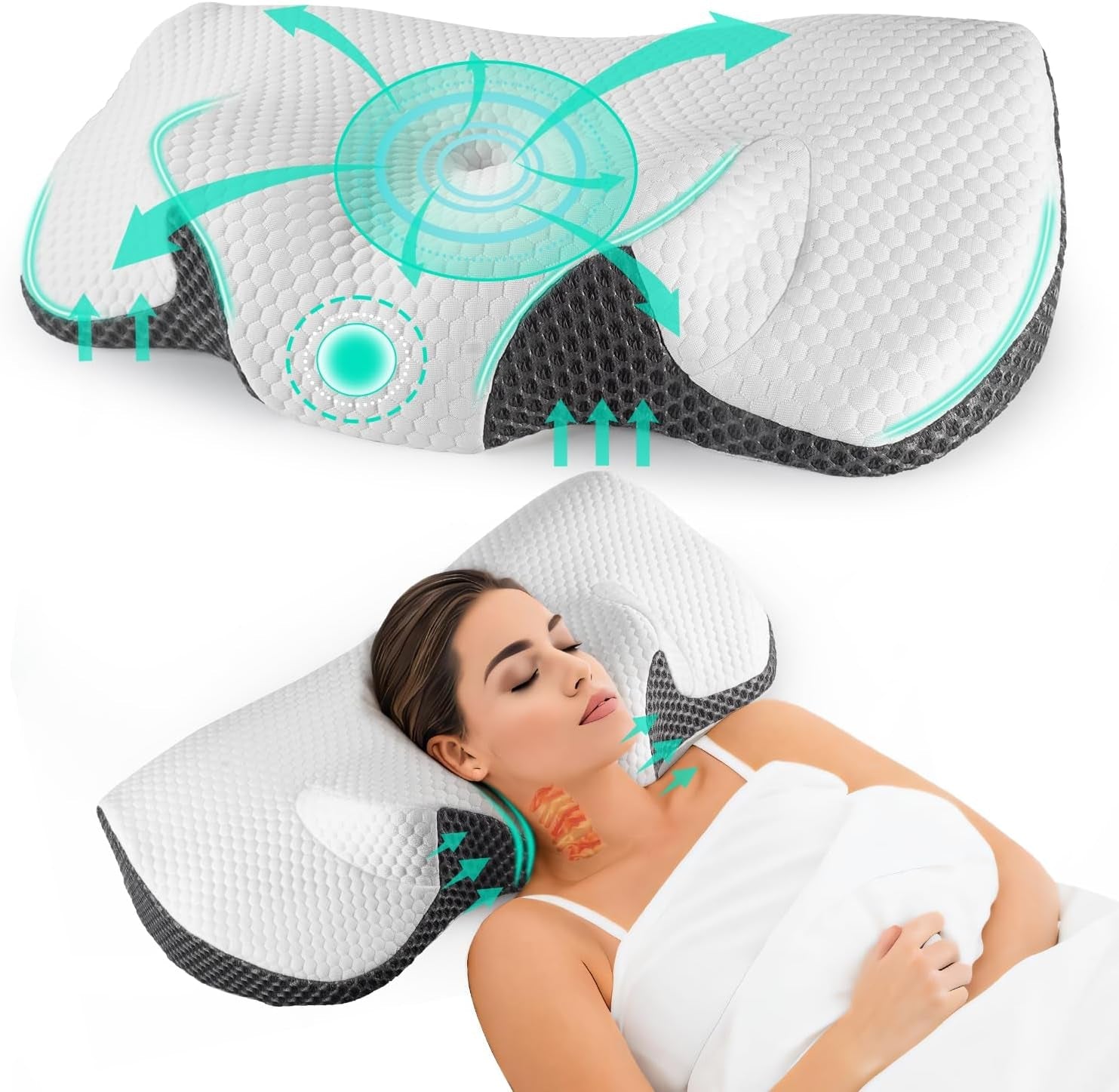 IDEA Almohada para el dolor de cuello, almohada ortopédica de espuma viscoelástica, almohada ergonómica para el cuello para un soporte óptimo, almohada antironquidos para dormir de lado, boca arriba y abdomen, almohadas ortopédicas cervicales Naty Shop