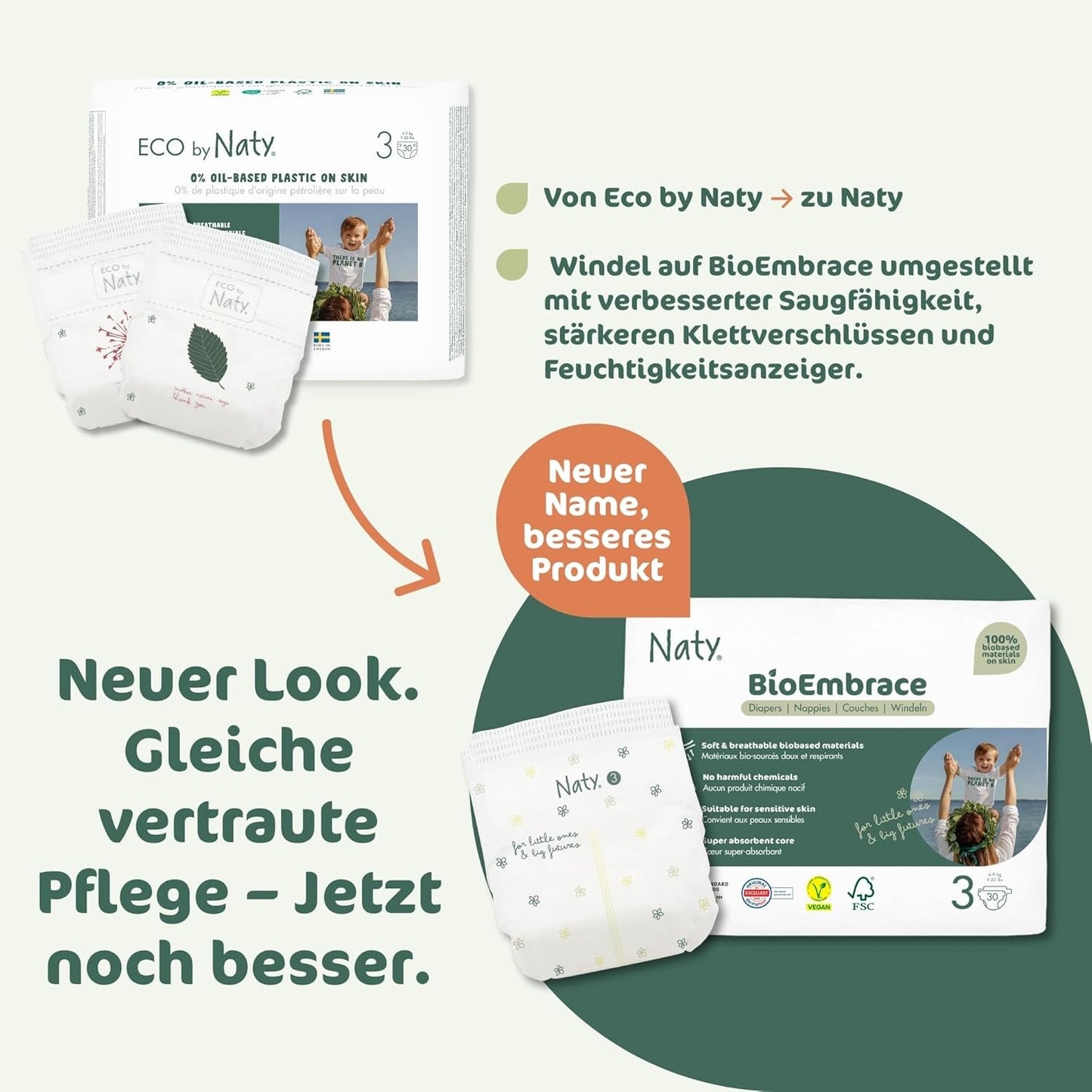 Pañales para bebé Naty BioEmbrace, talla 3 (4-9 kg) | Materiales 100% vegetales, suaves con la piel | Suavidad transpirable, testado dermatológicamente, excelente absorción | 100 uds.