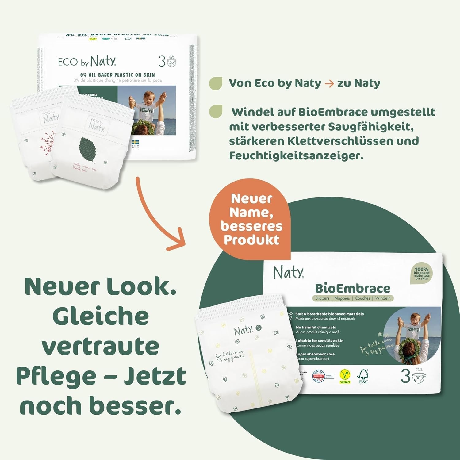 Pañales para bebé Naty BioEmbrace, talla 3 (4-9 kg) | Materiales 100% vegetales, suaves con la piel | Suavidad transpirable, testado dermatológicamente, excelente absorción | 100 uds.