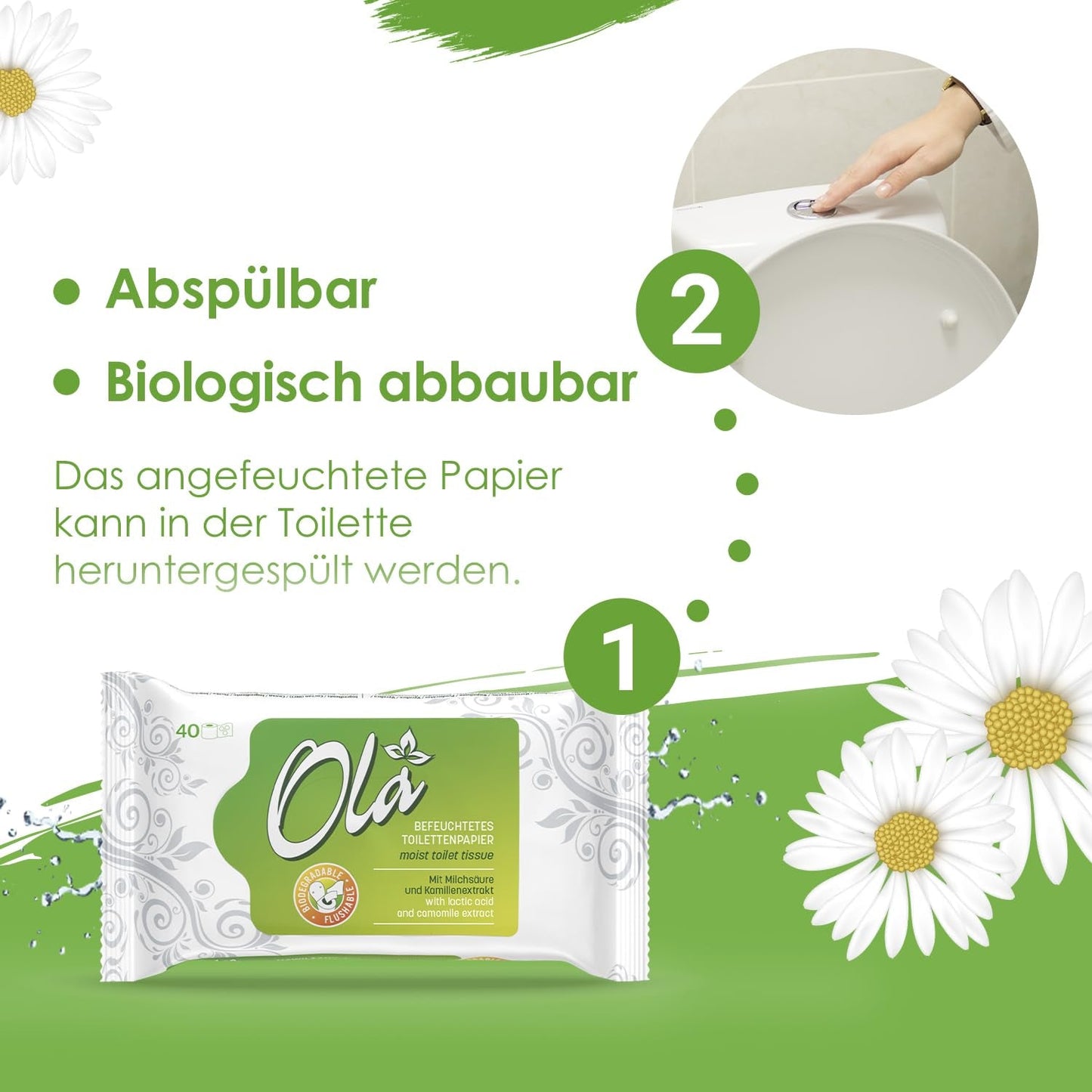 Papel higiénico húmedo OLA - (1X40 piezas) Toallitas húmedas - extracto de manzanilla y ácido láctico, lavables, piel sensible - 40 piezas