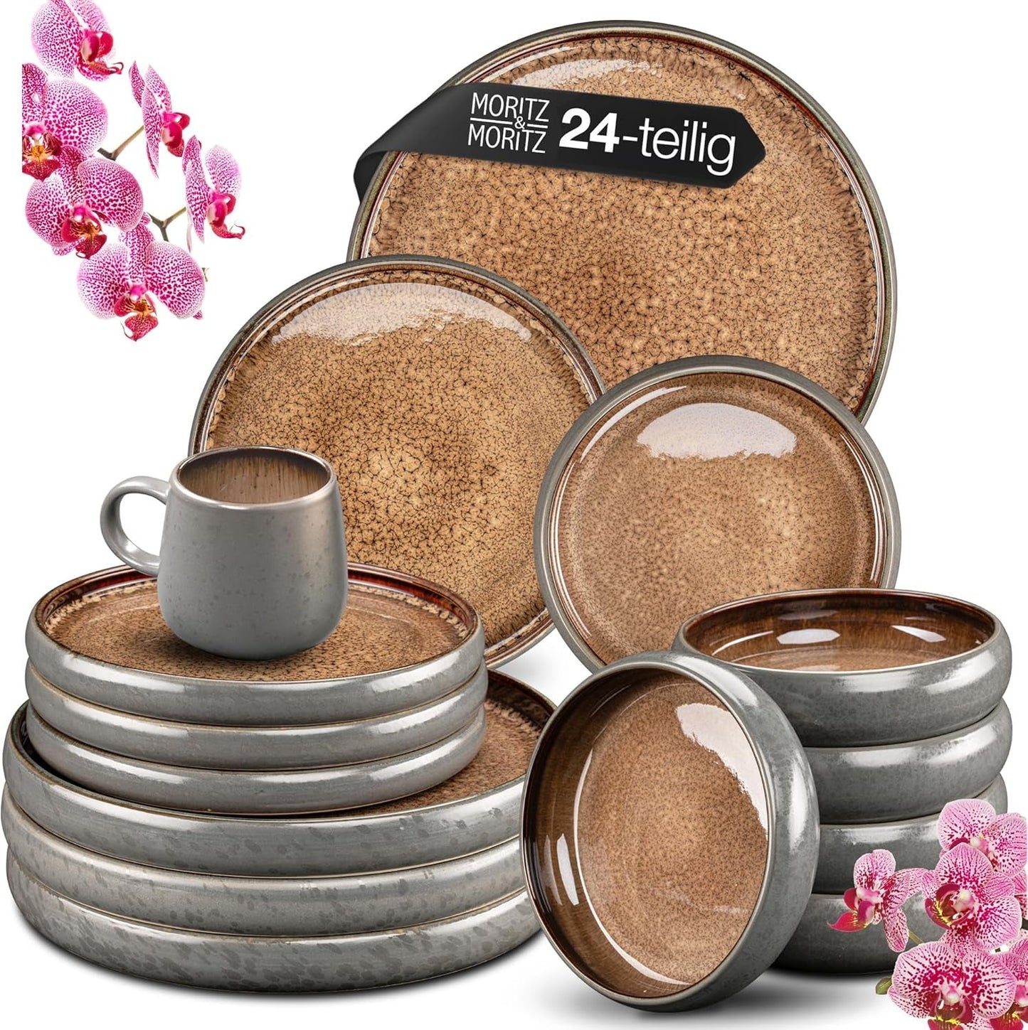 Moritz & Moritz SOLID Vajilla para 6 personas de gres de 24 piezas - Vajilla para 6 personas compuesta por 6 platos llanos, 6 platos pequeños, 6 platos llanos y 6 tazas con asas
